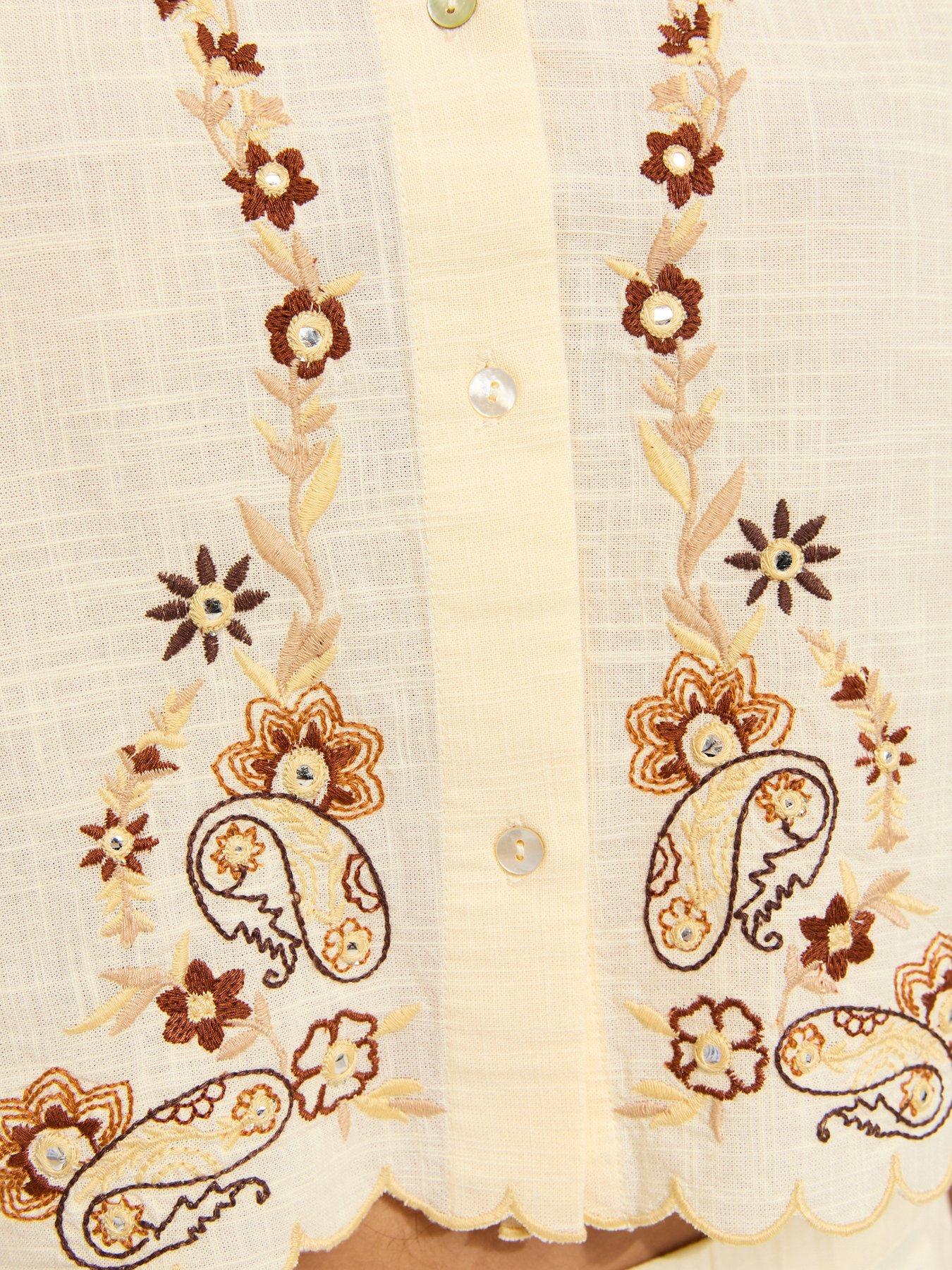 Image 5 of 5 of New Look Cream Cotton Floral Embroidered Cropped Co-ord Shirt