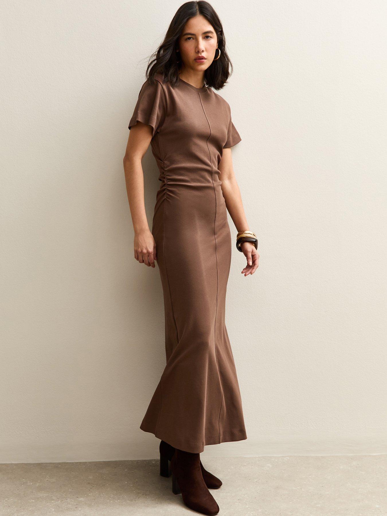New Look Shirred Side Jersey Midi Dress - Brown