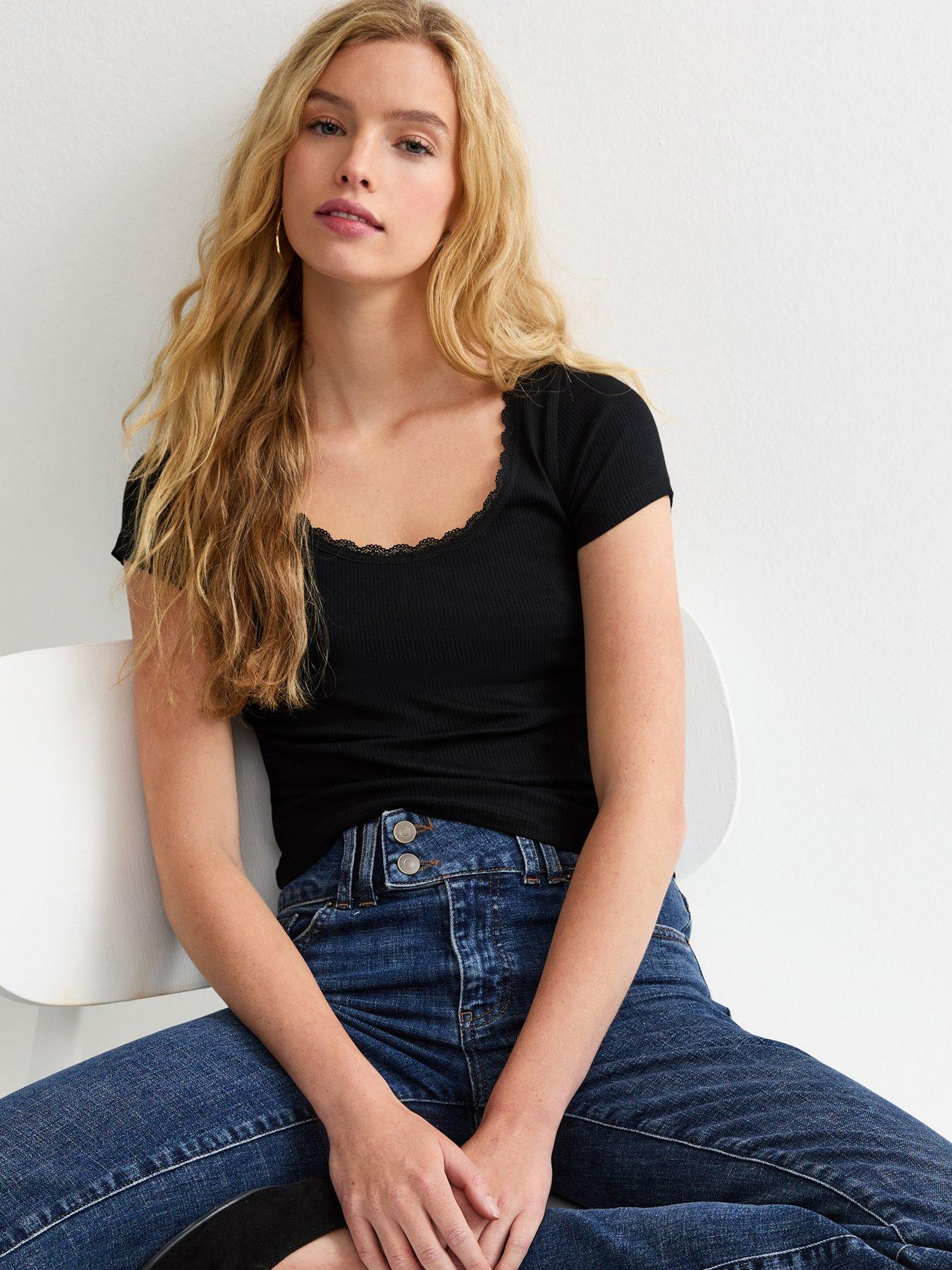 New Look Lace Trim Scoop Neck T-Shirt - Black