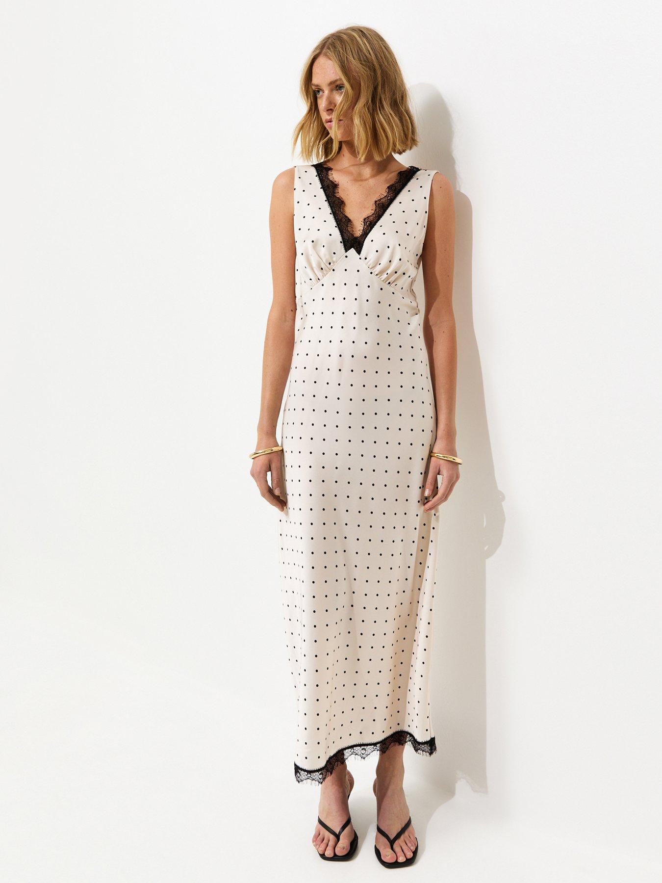 New Look Cream Polka Dot Satin Lace Trim Midi Dress