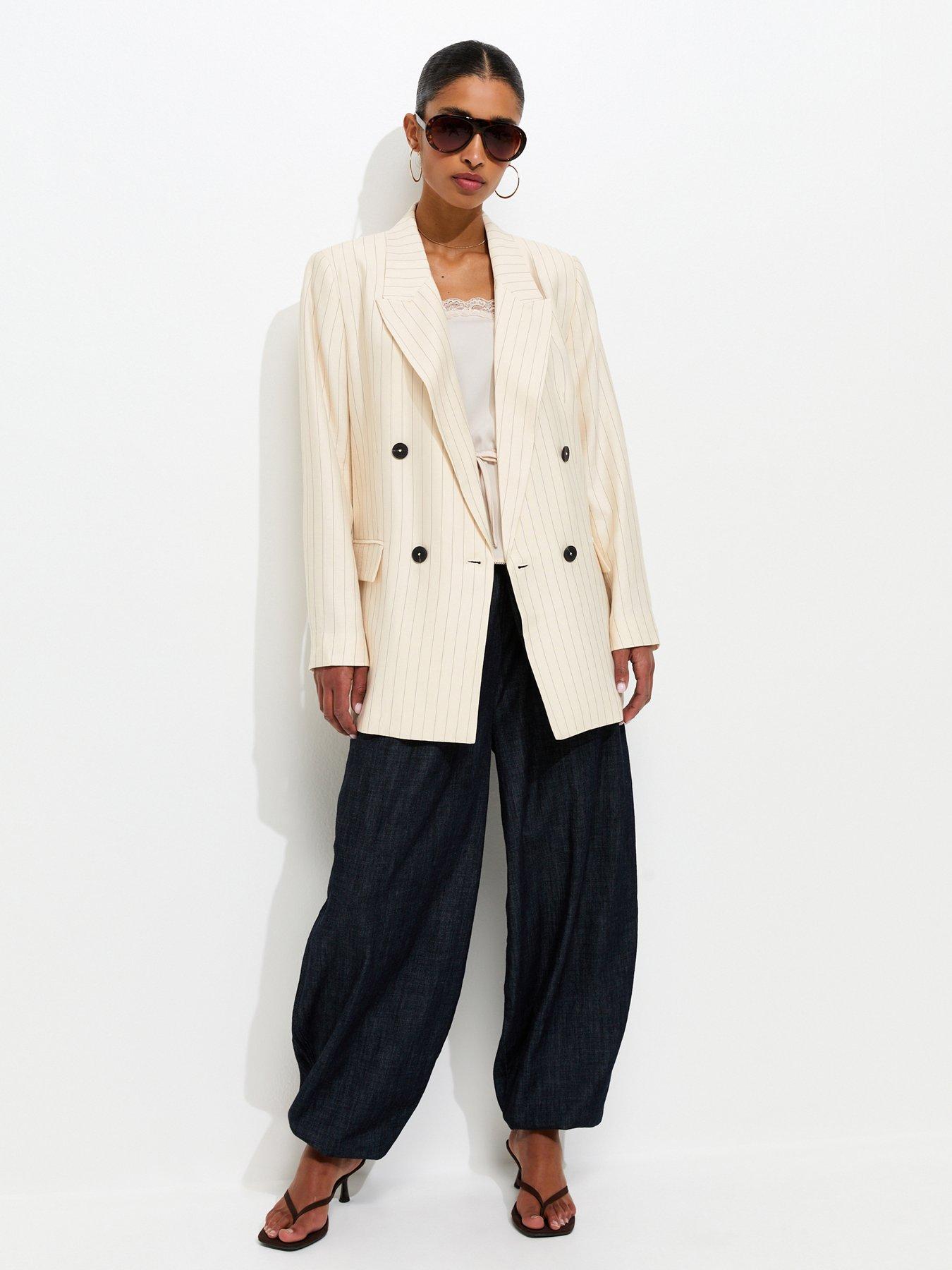 Image 1 of 5 of New Look White Pinstripe Double Breasted Blazer
