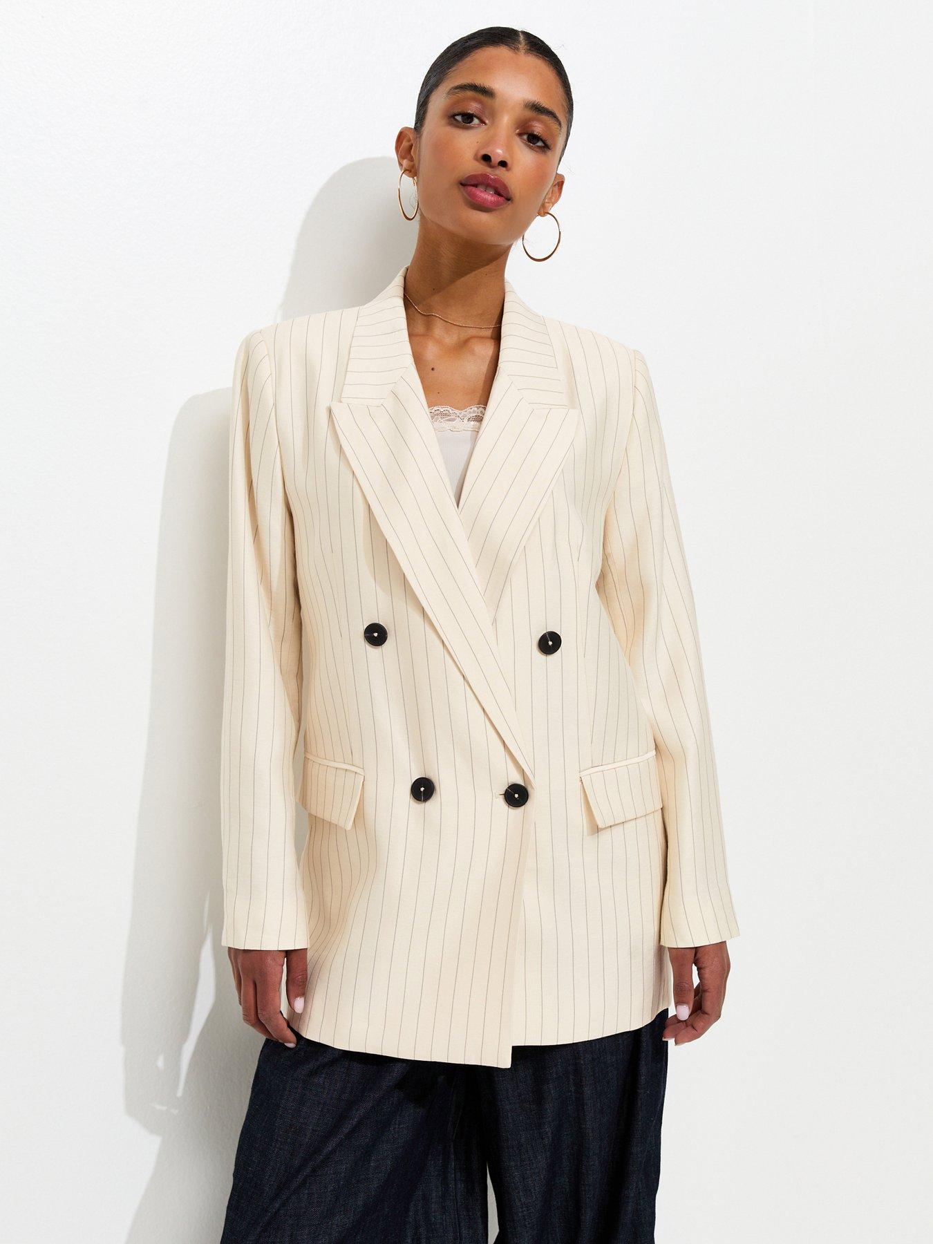 Image 3 of 5 of New Look White Pinstripe Double Breasted Blazer