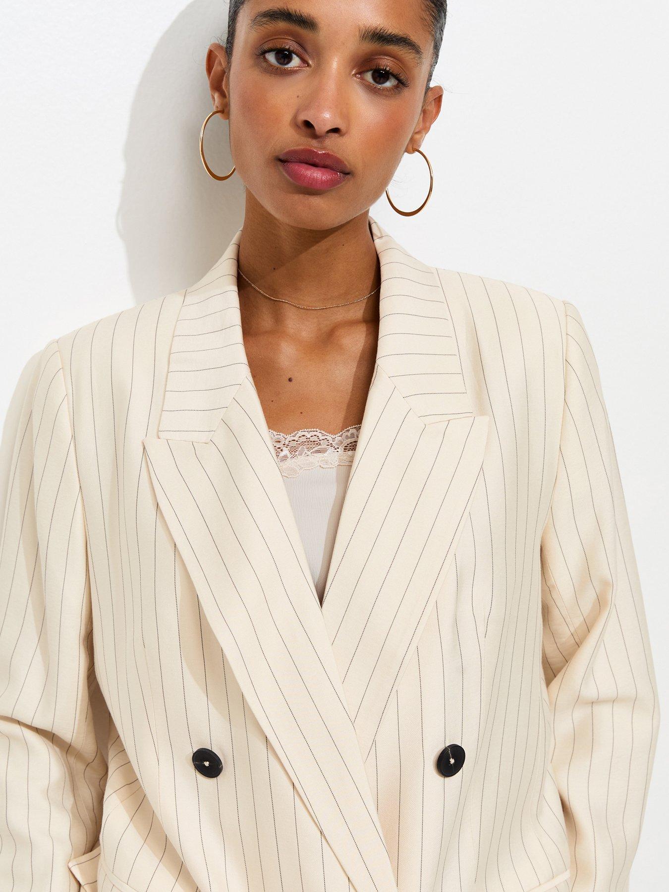 Image 4 of 5 of New Look White Pinstripe Double Breasted Blazer