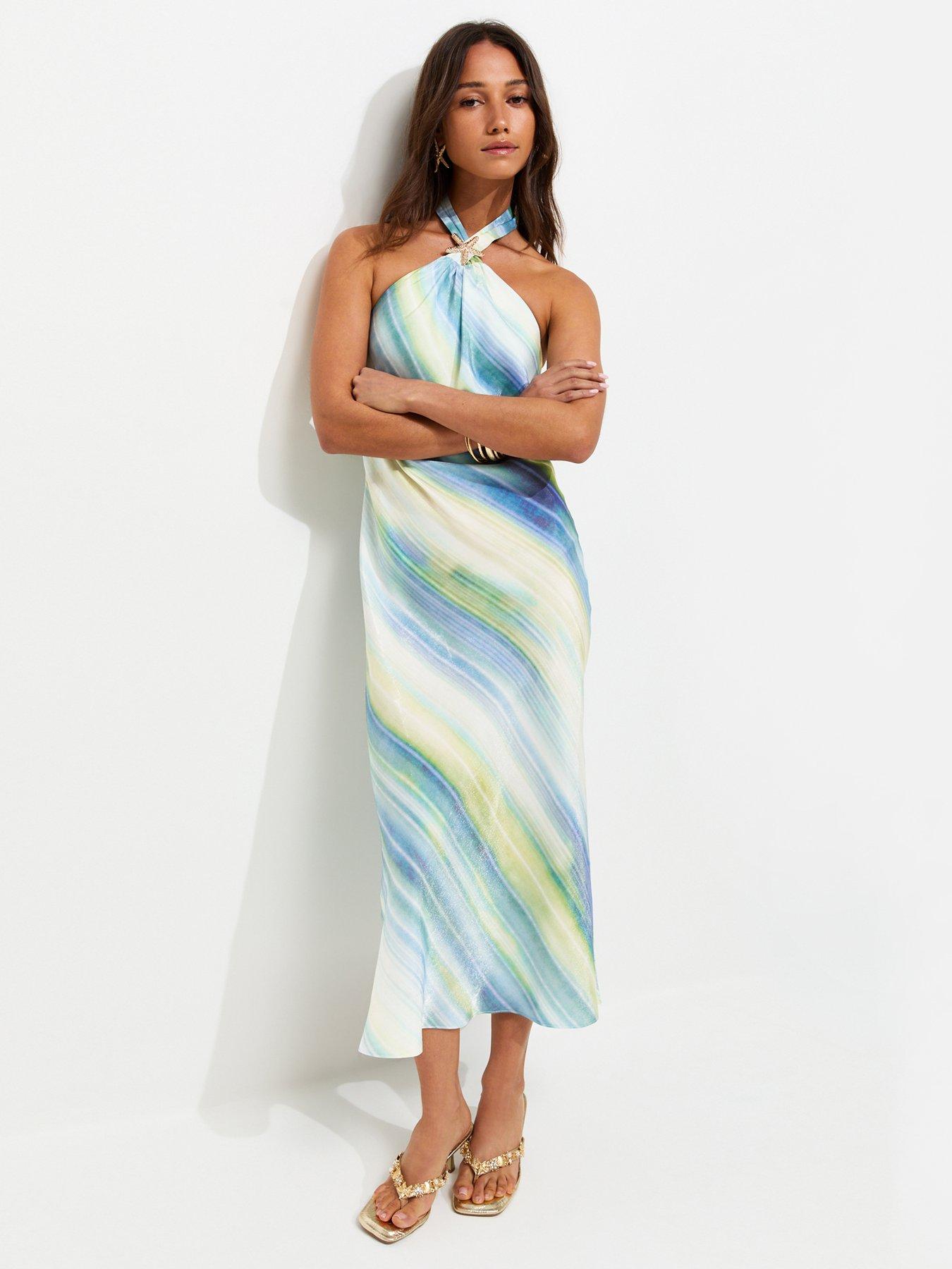 New Look Diagonal Blurry Stripe Halterneck Midi Dress - Blue