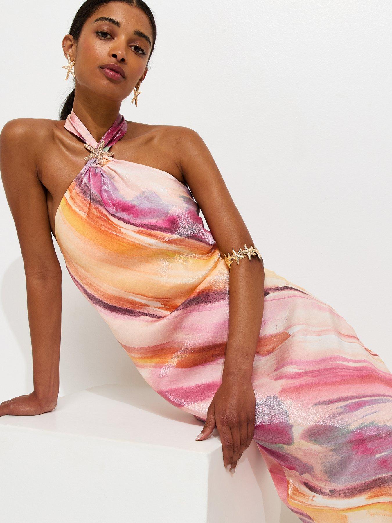 Image 1 of 5 of New Look Diagonal Blurry Stripe Halterneck Midi Dress - Multi