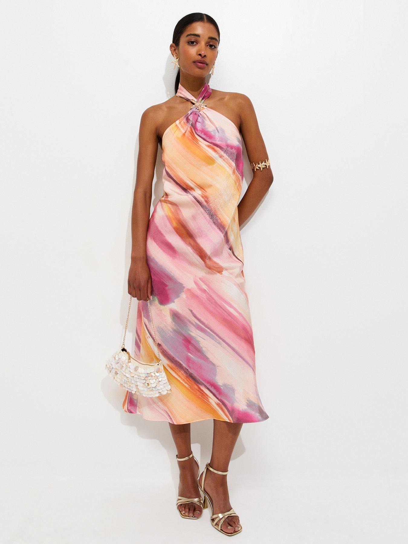 Image 3 of 5 of New Look Diagonal Blurry Stripe Halterneck Midi Dress - Multi