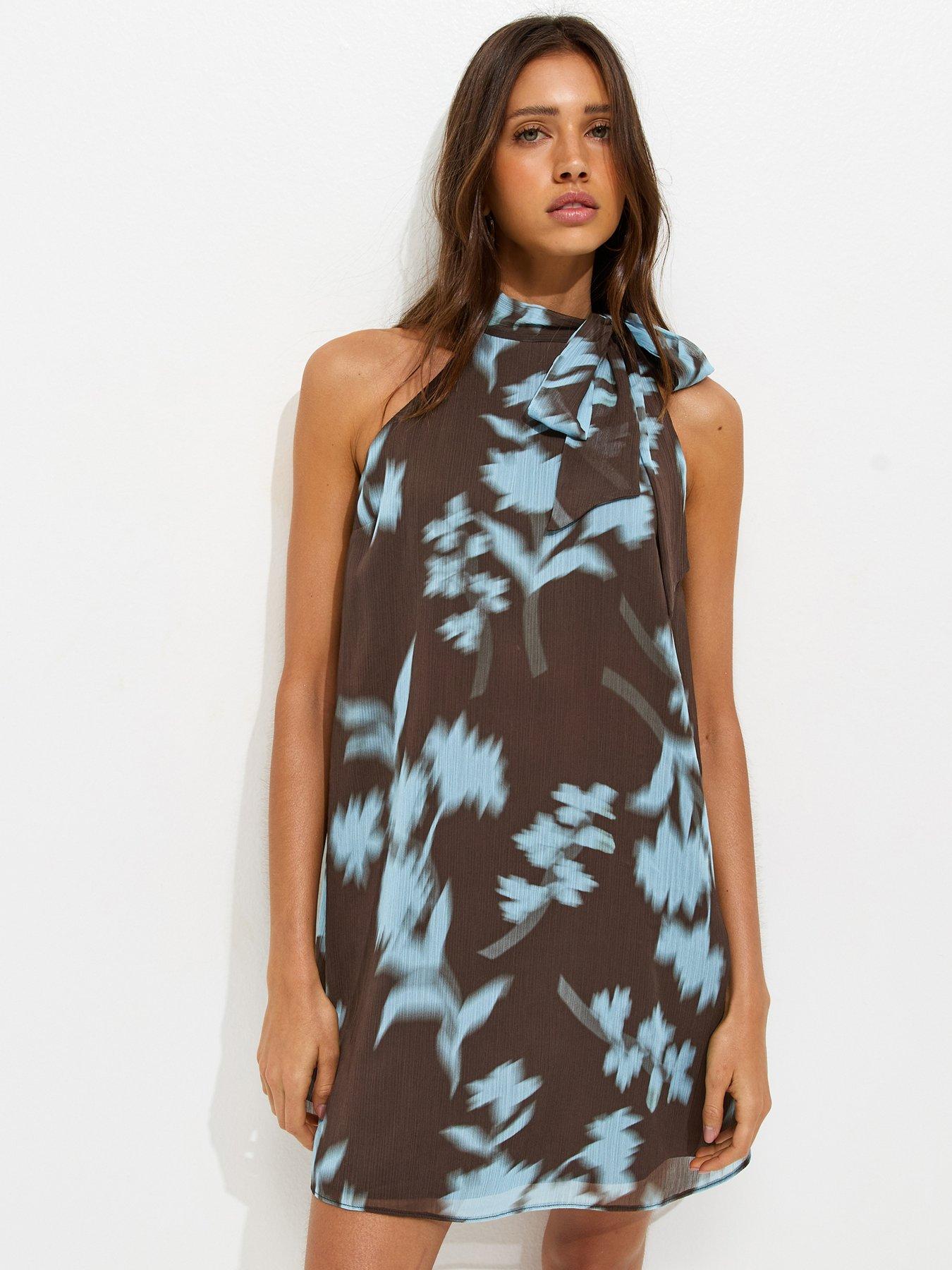 New Look Chiffon Floral Halter Neck Mini Dress - Brown
