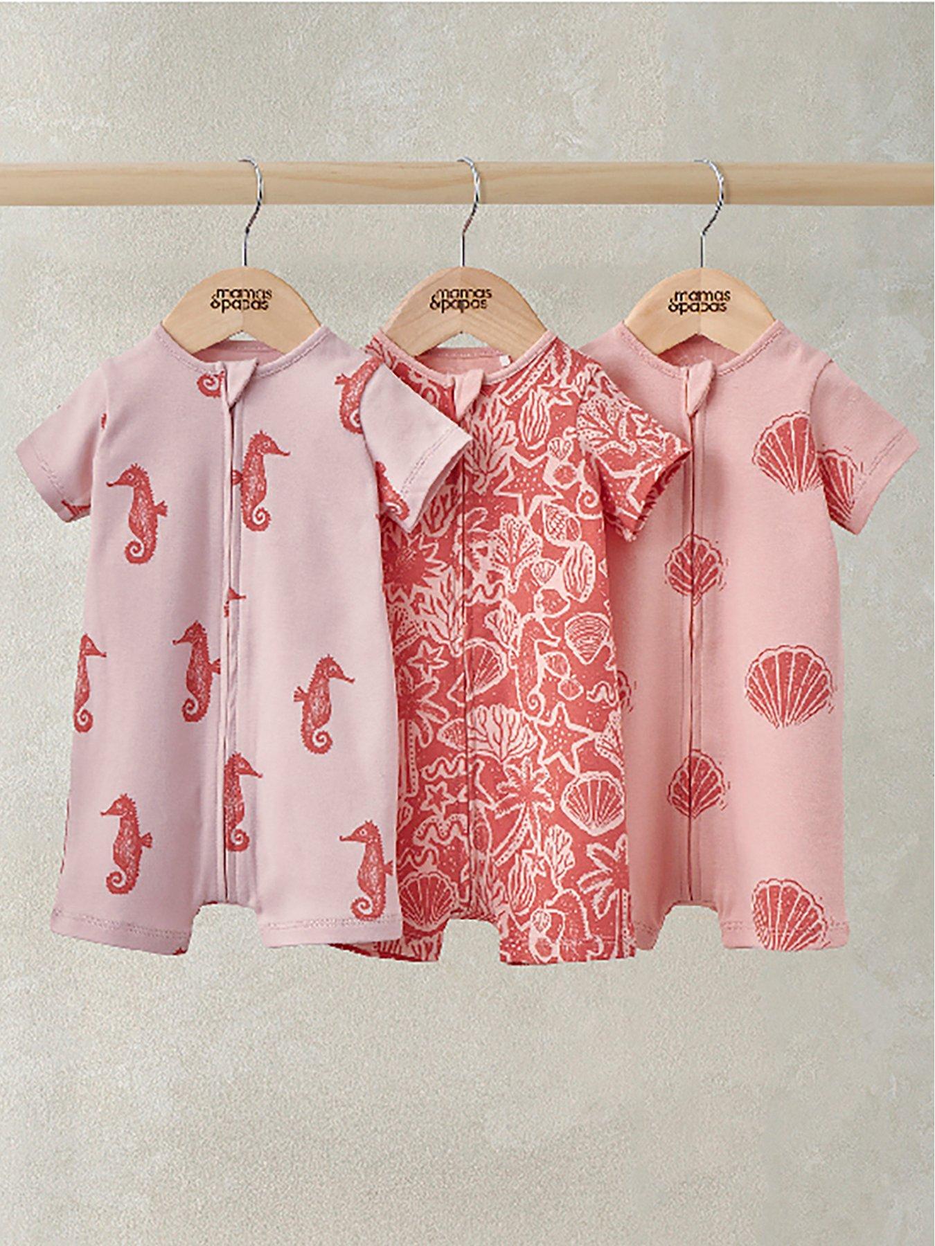 Image 1 of 2 of Mamas & Papas Baby Girls 3 Pack Seahorse Rompers - Pink