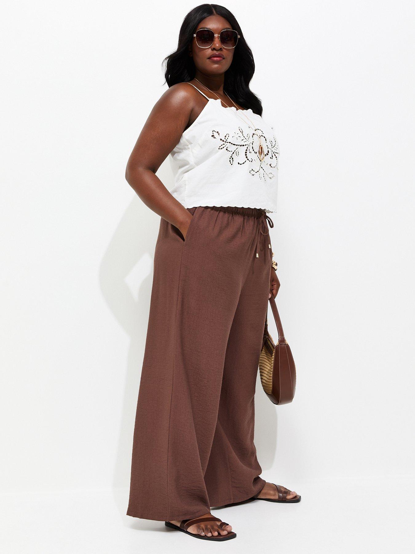 New Look Curves Woven Wide Leg Trousers - Dark Brown