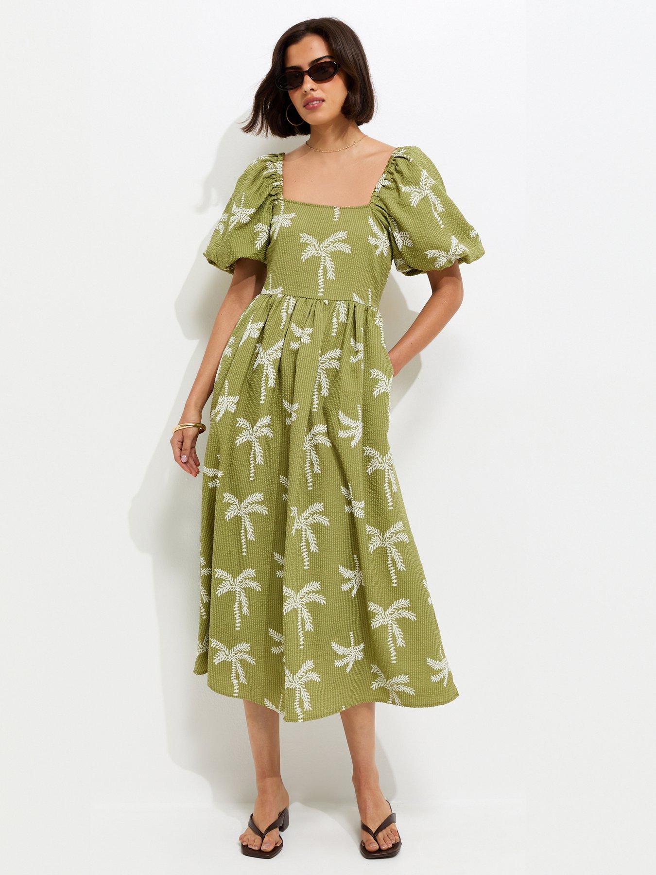 Image 1 of 5 of New Look Embroidered Palm Tree Puff Sleeve Midi Dress - Green