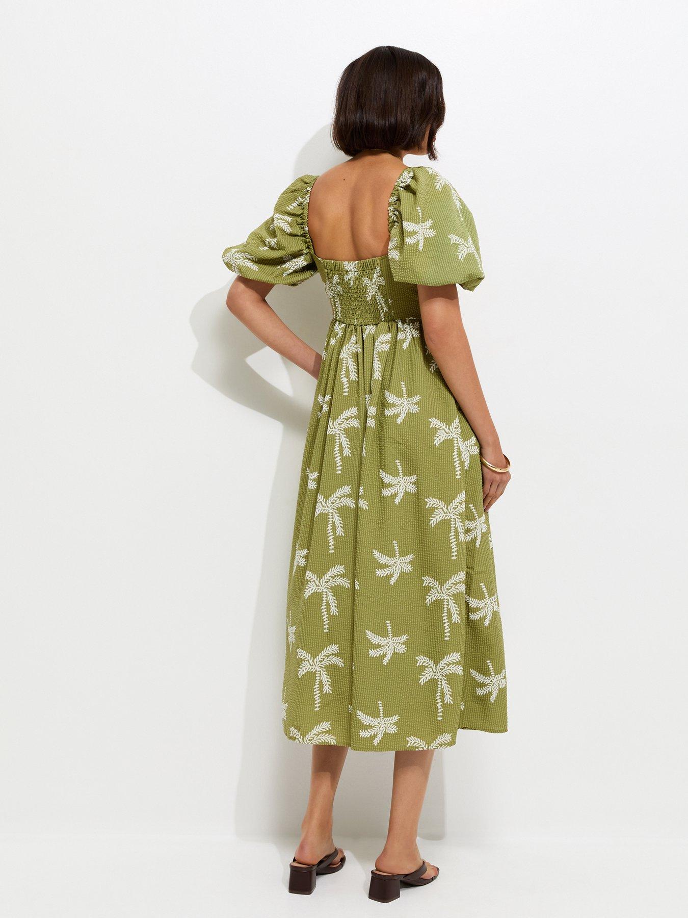 Image 2 of 5 of New Look Embroidered Palm Tree Puff Sleeve Midi Dress - Green