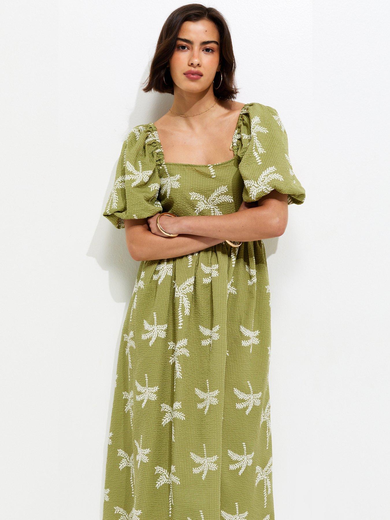Image 3 of 5 of New Look Embroidered Palm Tree Puff Sleeve Midi Dress - Green