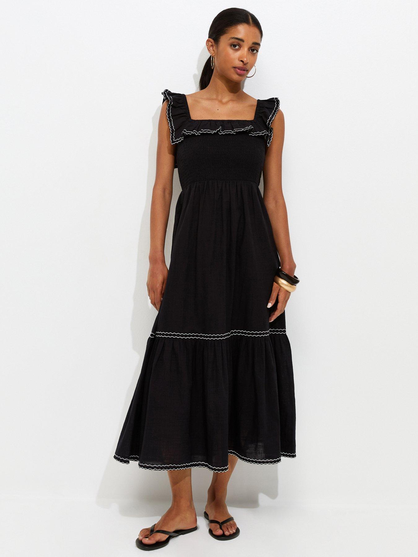 New Look Cotton Embroidered Ruffle Trim Midi Dress - Black