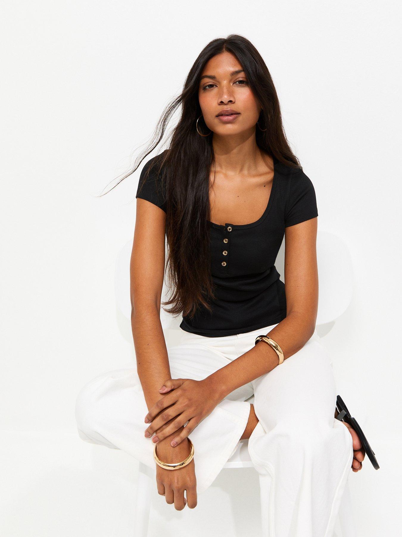 New Look Short Sleeve Ribbed Henley Tee - Black