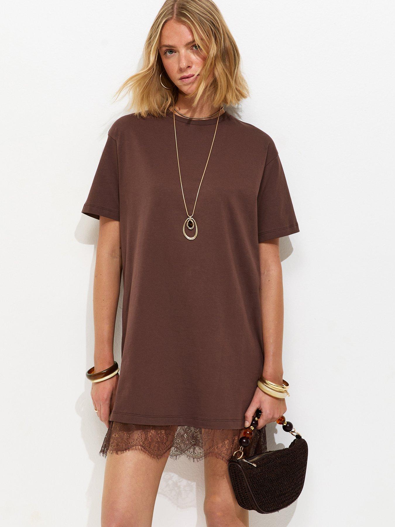 New Look Dark Brown Lace Hem Trim Mini T-shirt Dress