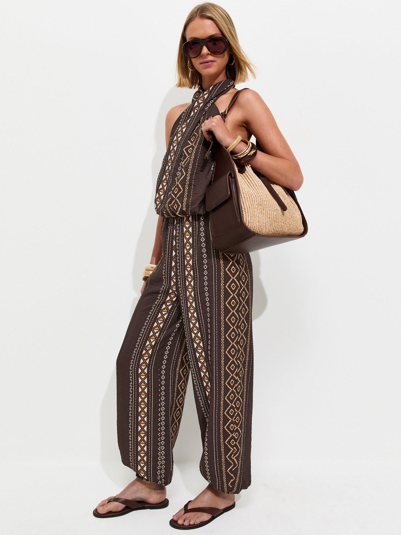 New Look Diamond Pattern Halter Jumpsuit - Brown