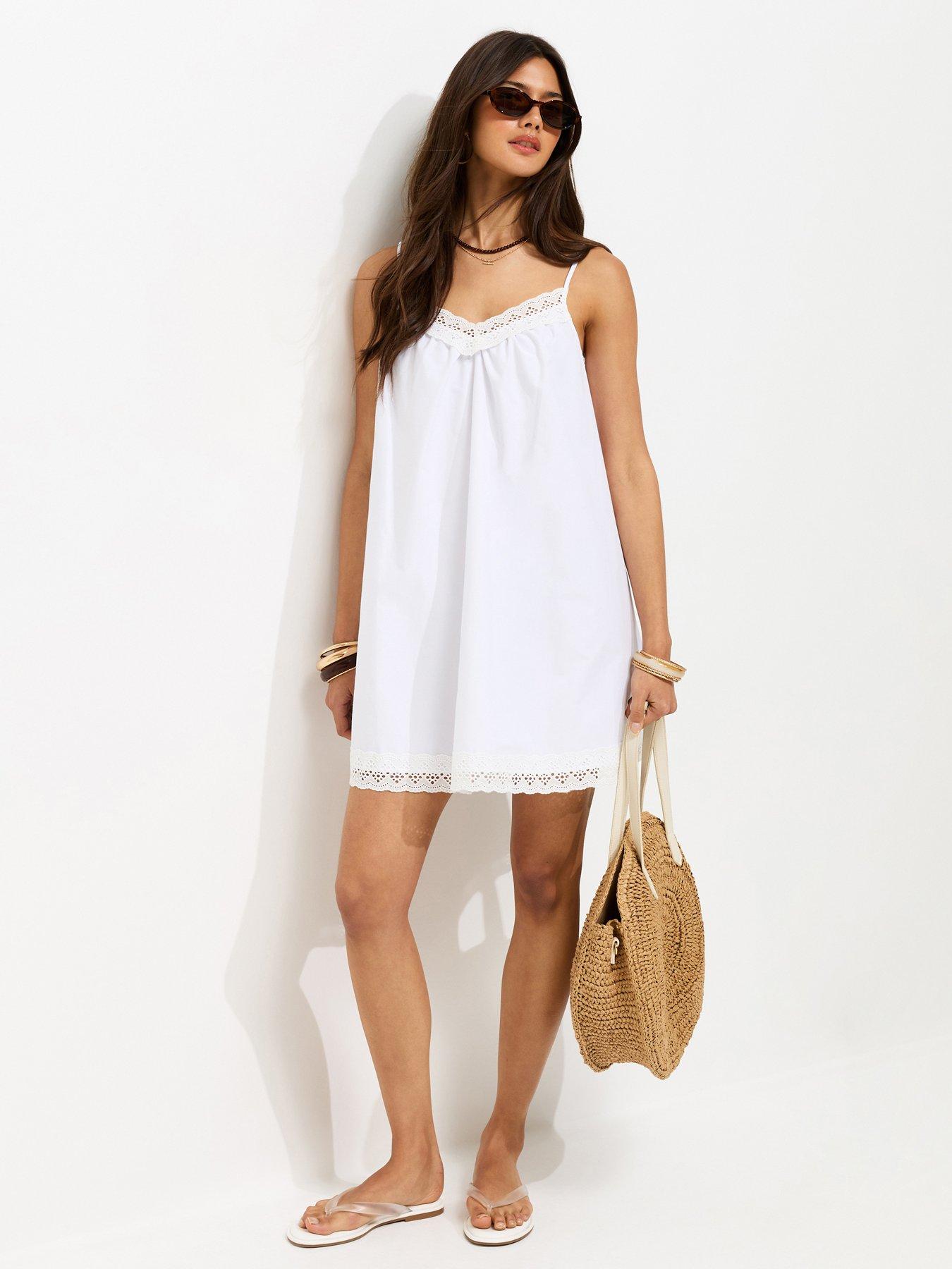 New Look White Cotton Rich Lace Trim Strappy Smock Mini Dress