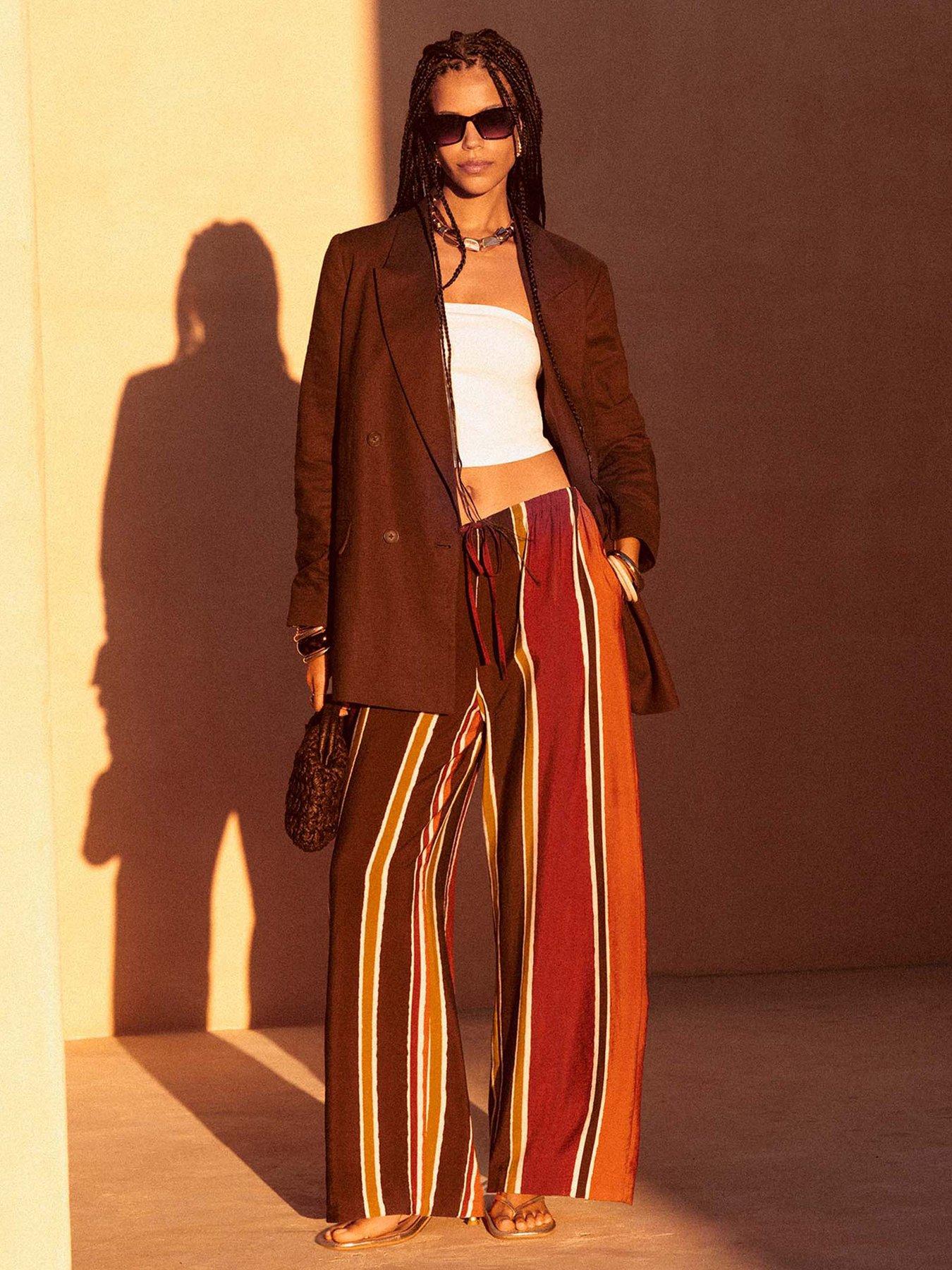 Image 1 of 6 of New Look Striped Drawstring Wide Leg Trousers - Brown