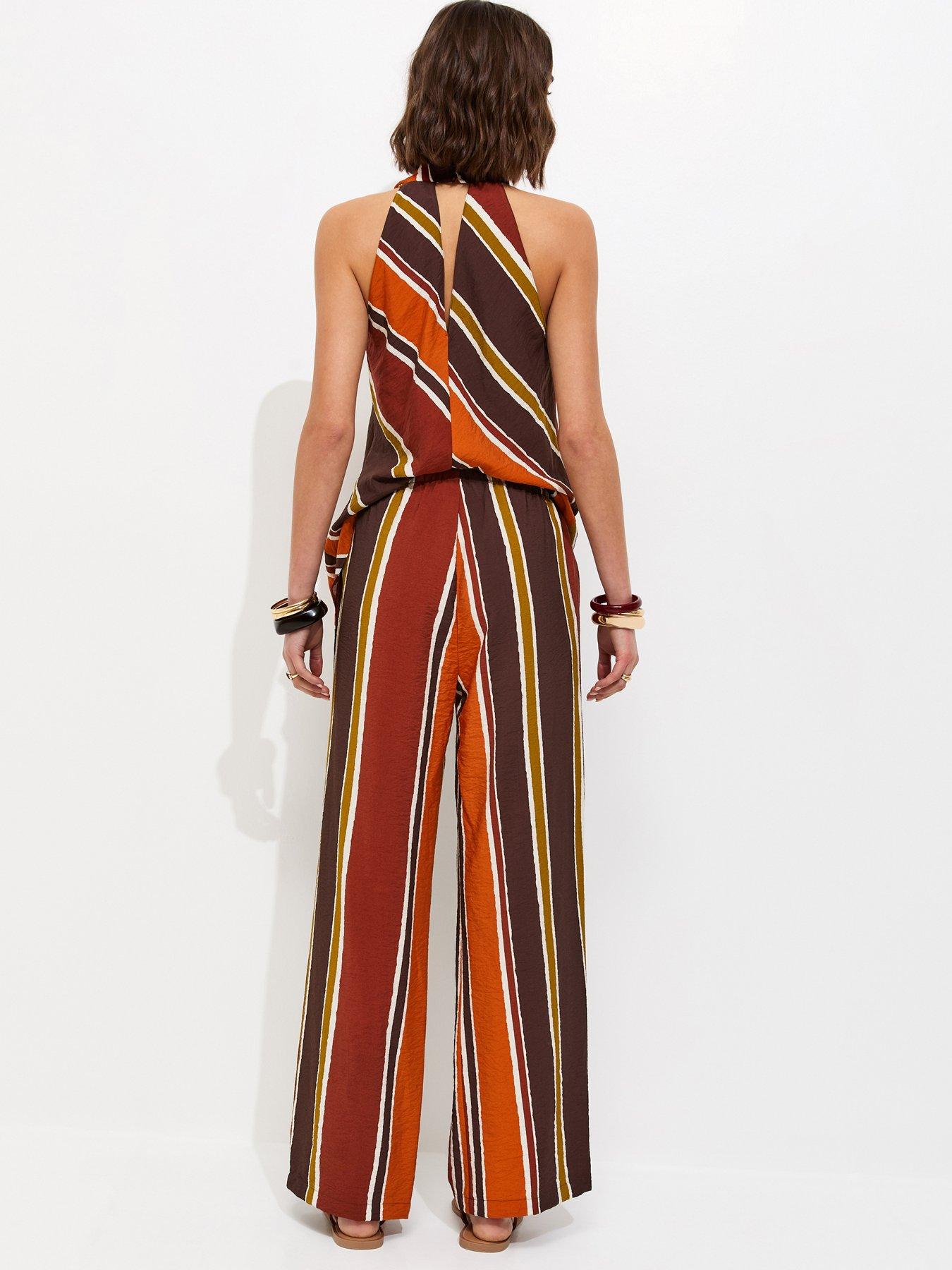 Image 2 of 6 of New Look Striped Drawstring Wide Leg Trousers - Brown