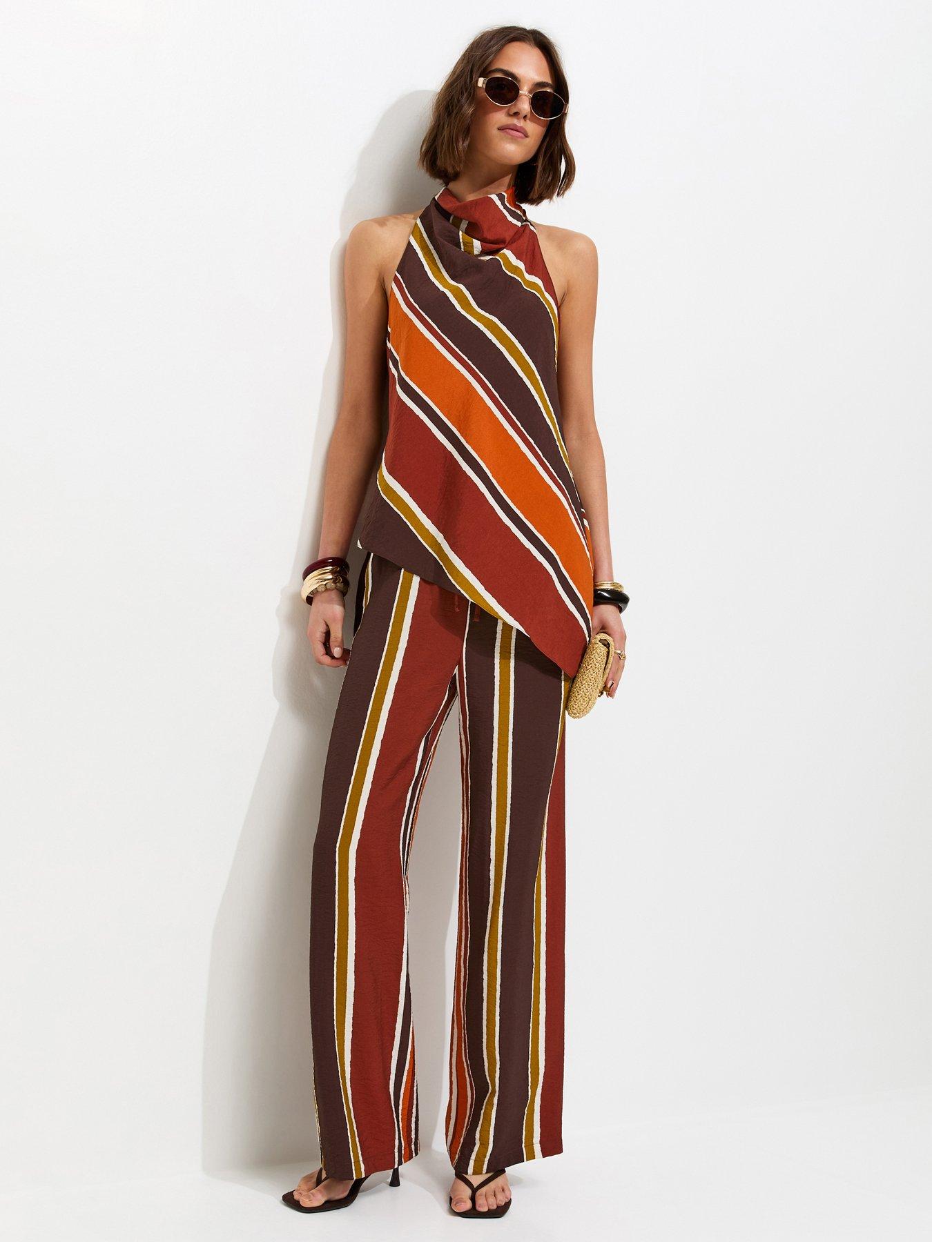 Image 3 of 6 of New Look Striped Drawstring Wide Leg Trousers - Brown
