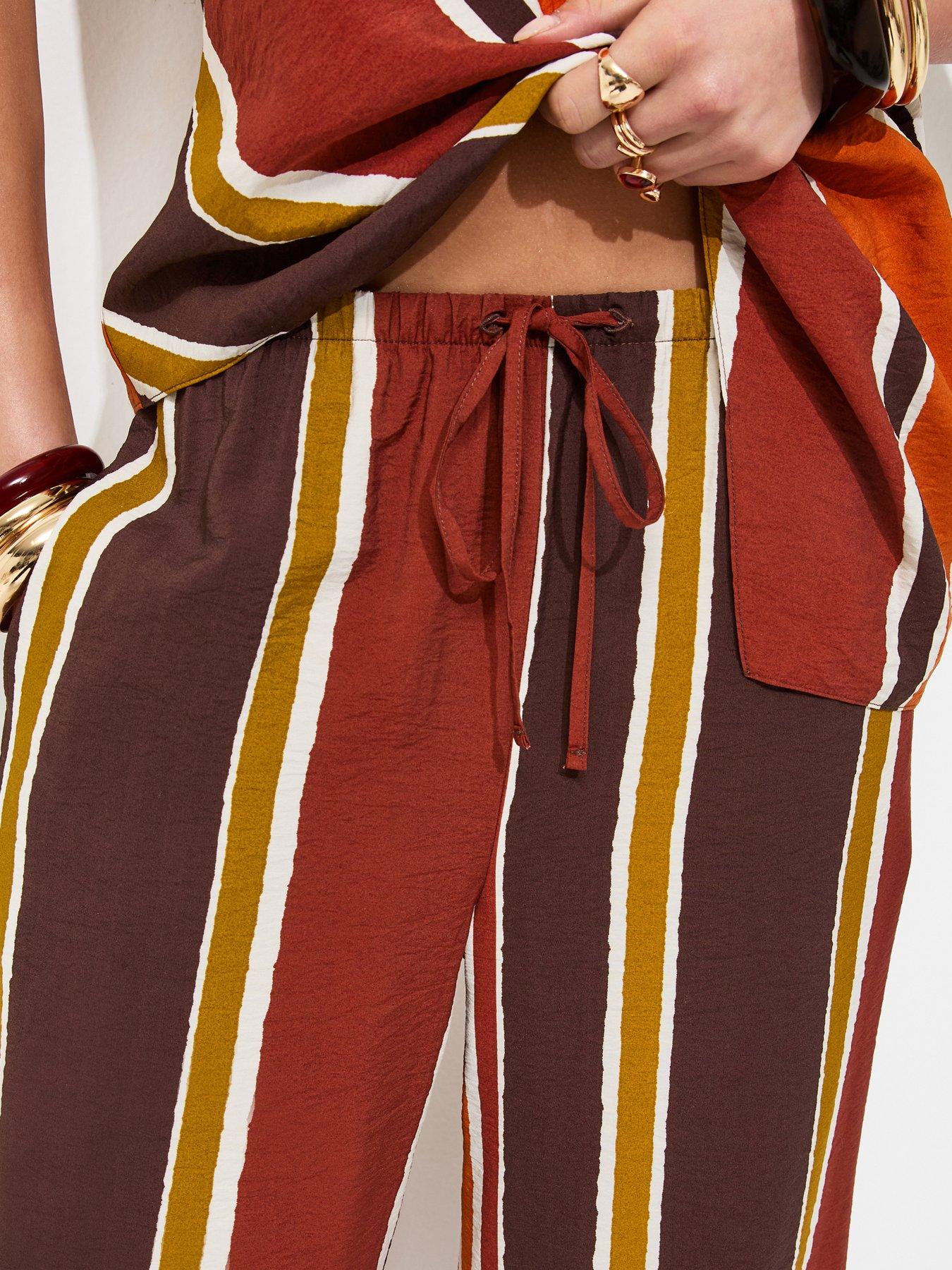 Image 4 of 6 of New Look Striped Drawstring Wide Leg Trousers - Brown