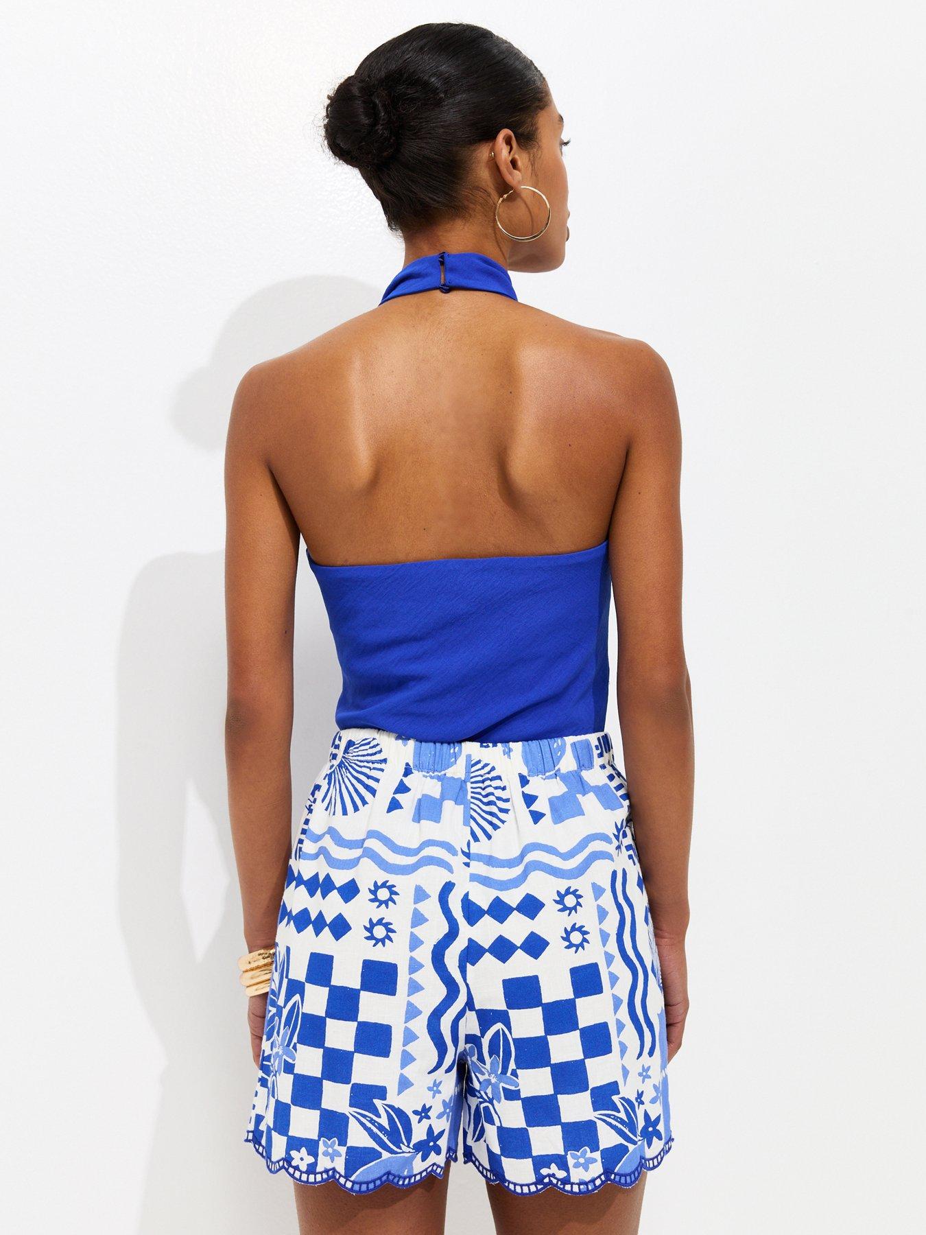 Image 2 of 5 of New Look Shell Print Scallop Hem Shorts - Blue