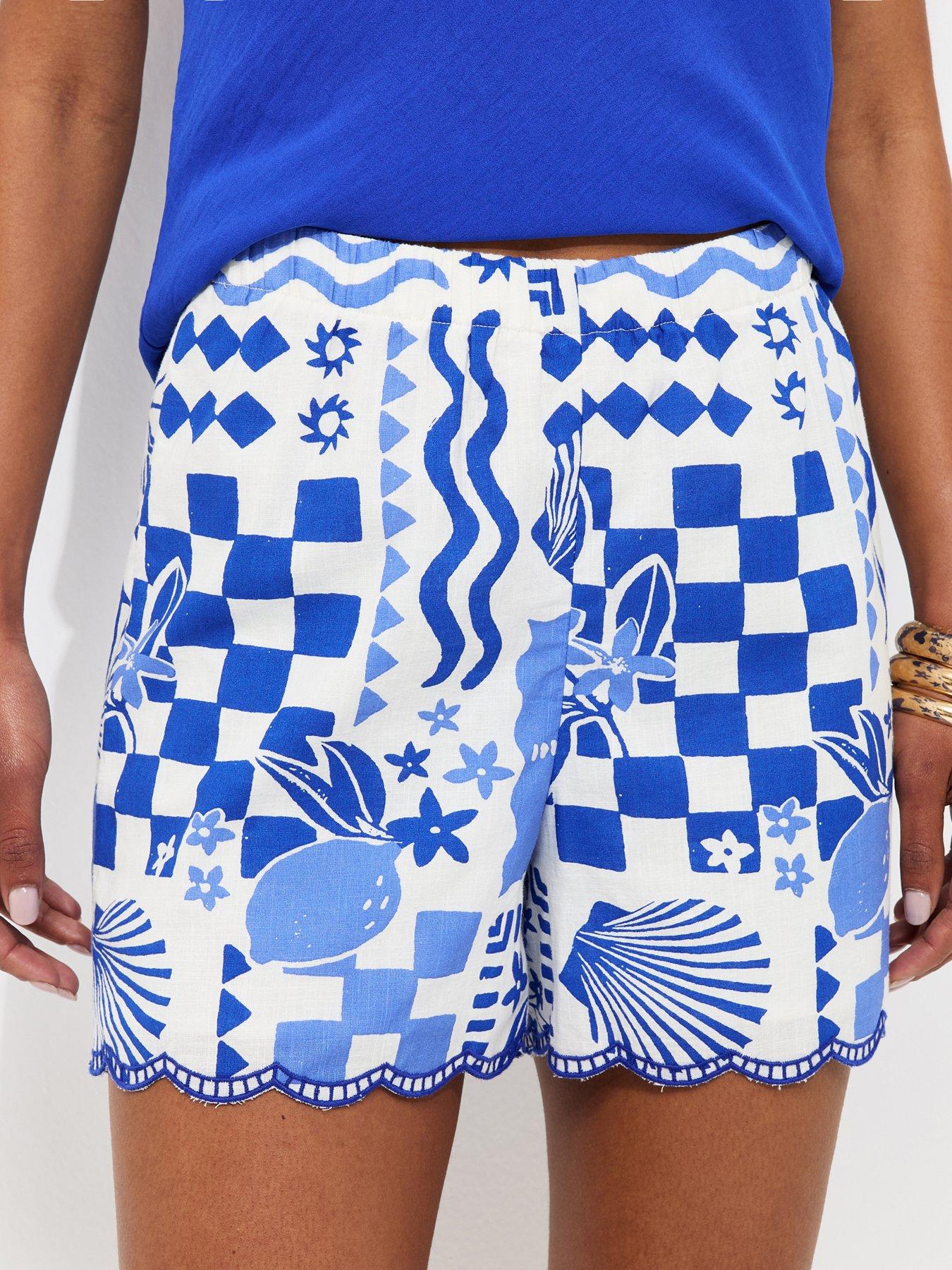 Image 4 of 5 of New Look Shell Print Scallop Hem Shorts - Blue