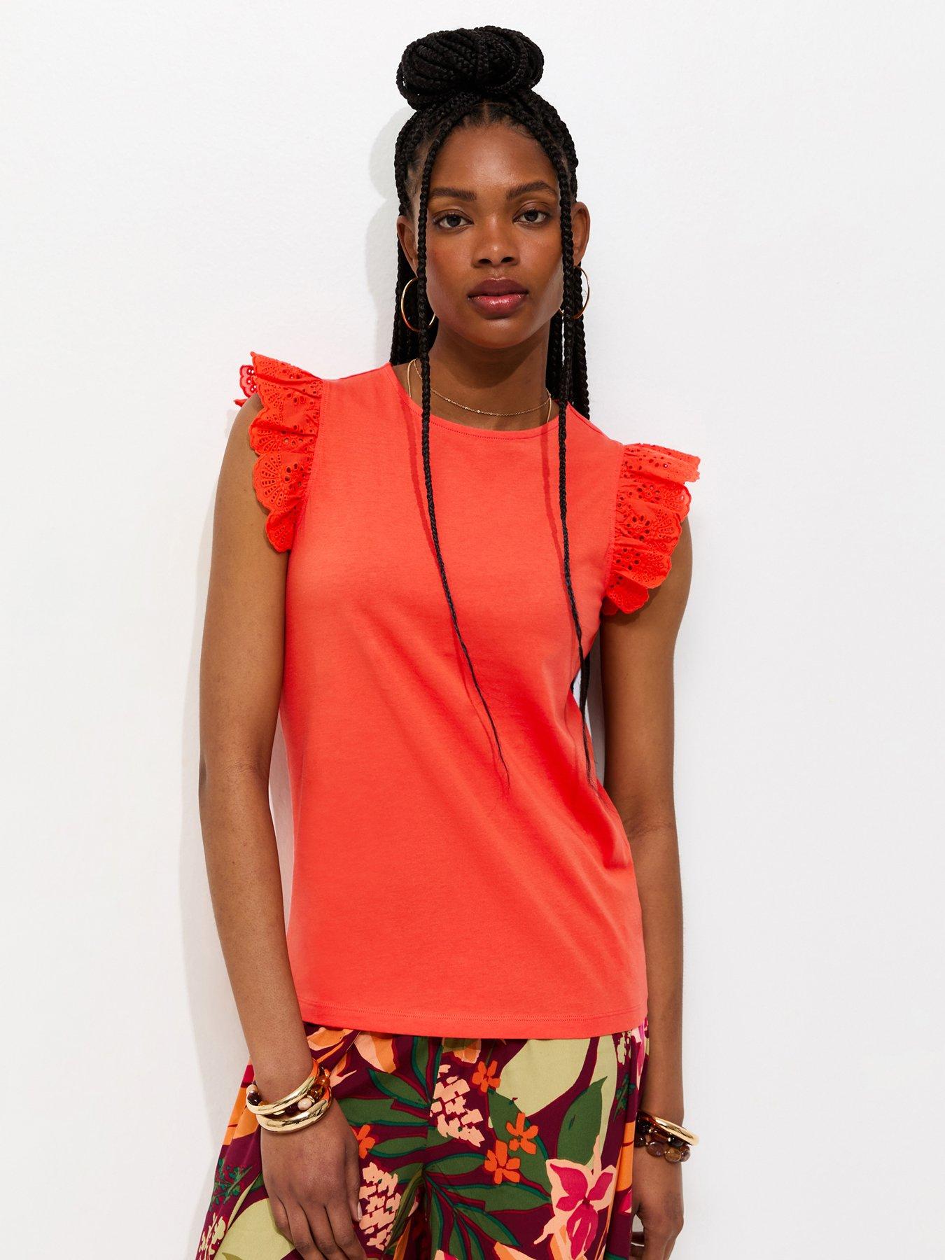 New Look Broderie Frill Sleeve Top - Bright Orange
