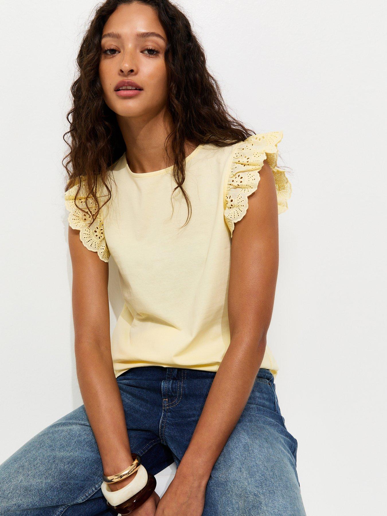 New Look Broderie Frill Sleeve Top - Light Yellow