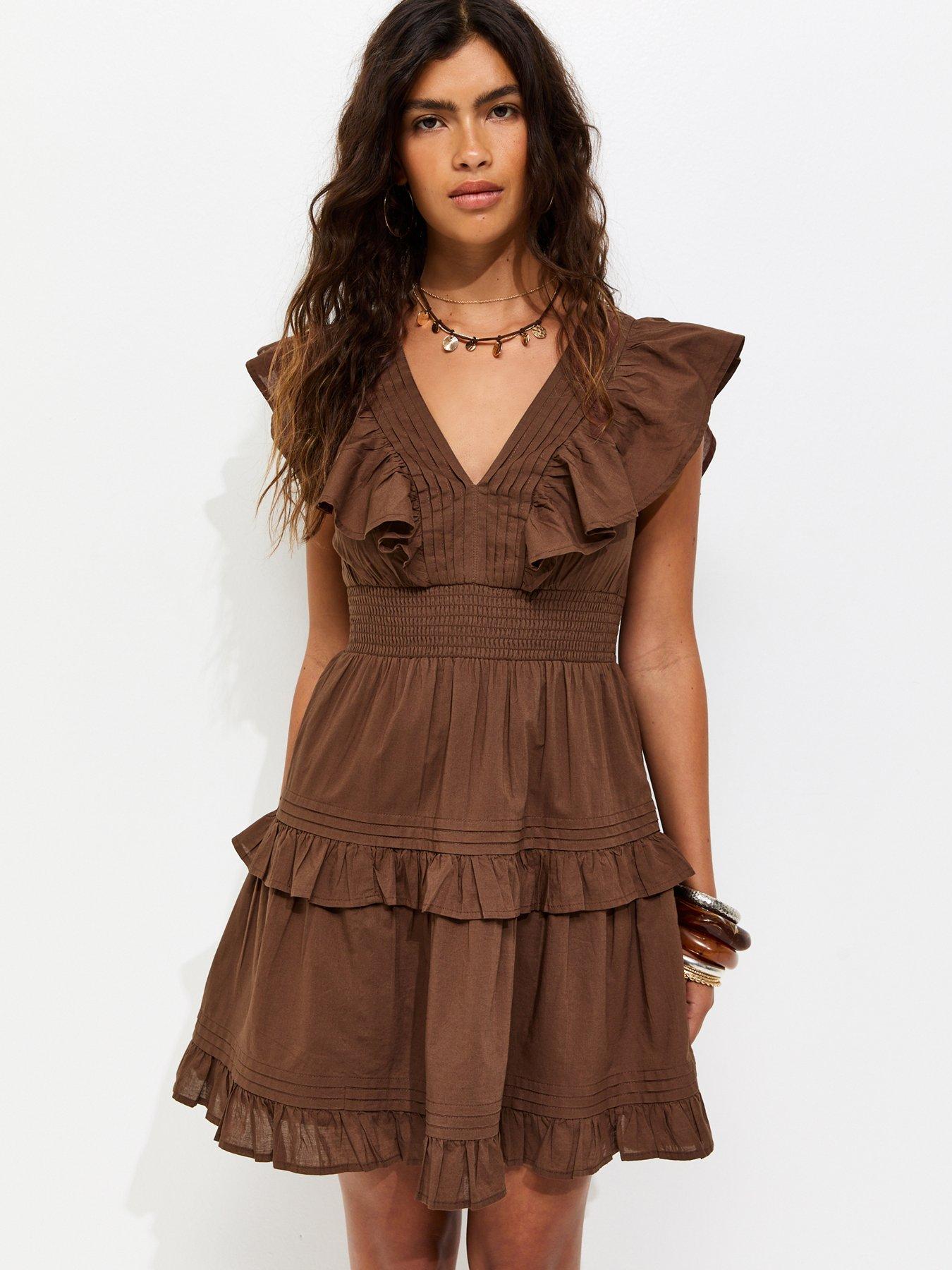 New Look Cotton Ruffle V-Neck Tiered Mini Dress - Brown