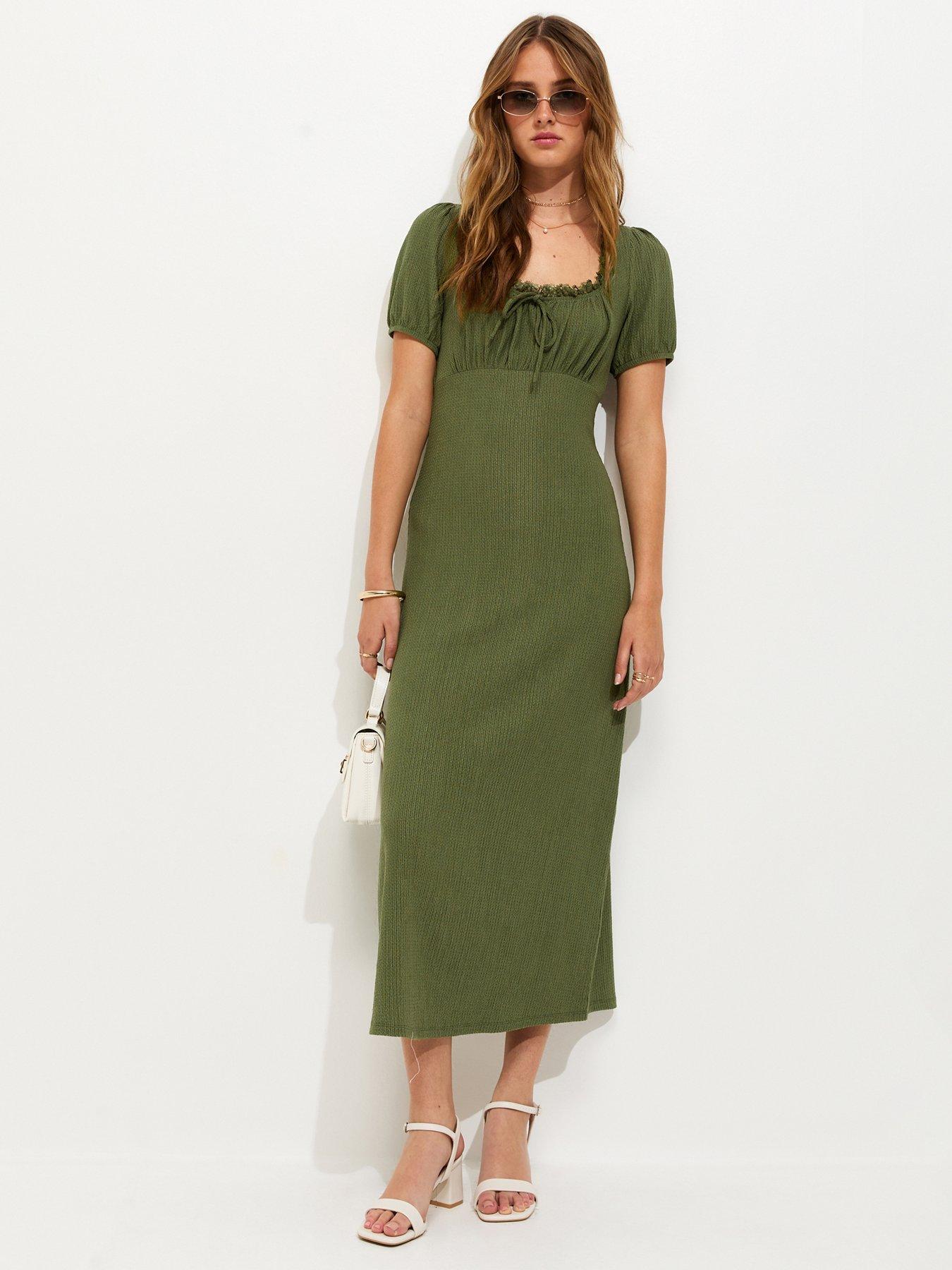 New Look Short Sleeve Milkmaid Midi Dress - Dark Khaki