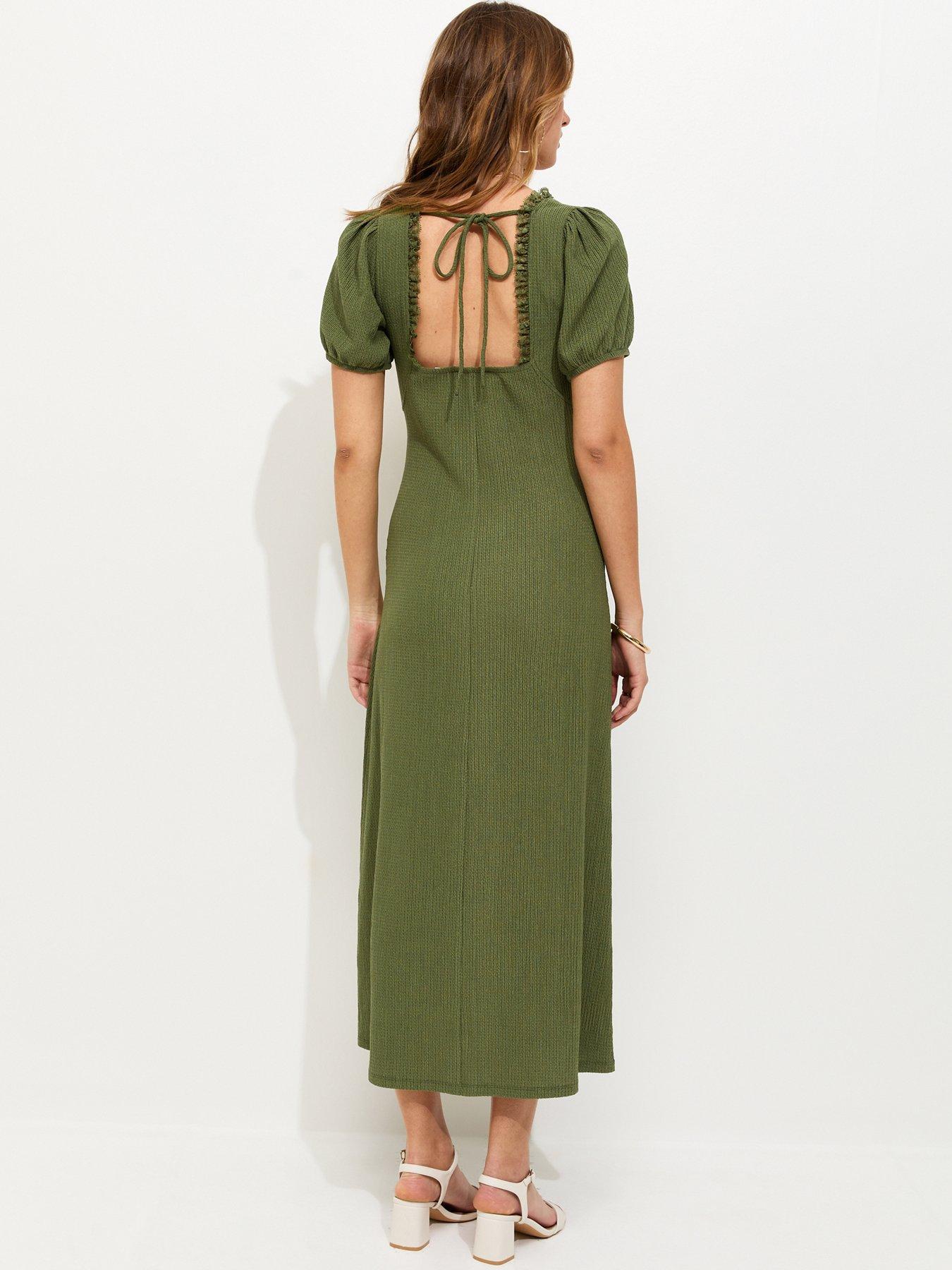 Image 2 of 6 of New Look Short Sleeve Milkmaid Midi Dress - Dark Khaki