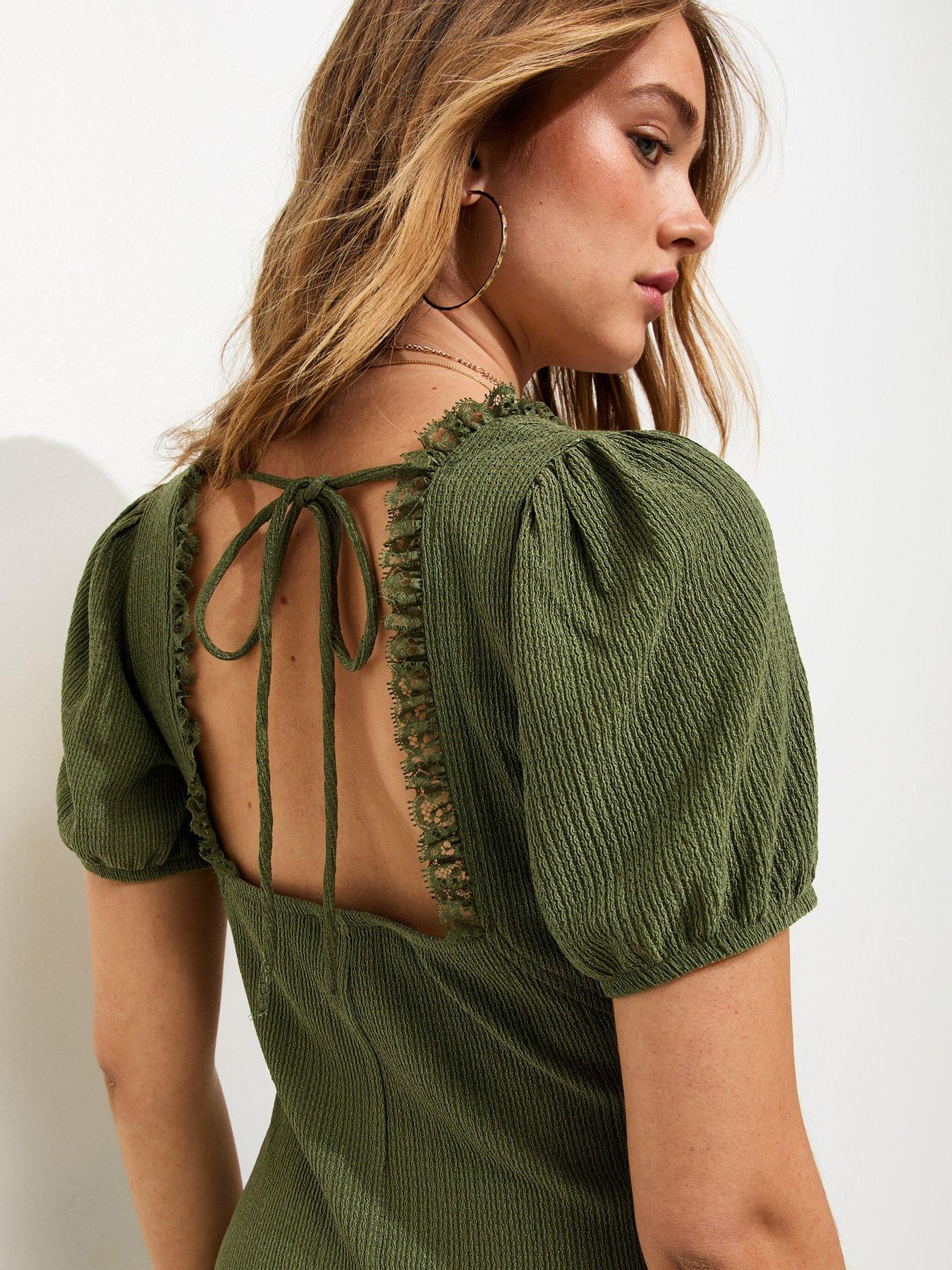 Image 4 of 6 of New Look Short Sleeve Milkmaid Midi Dress - Dark Khaki