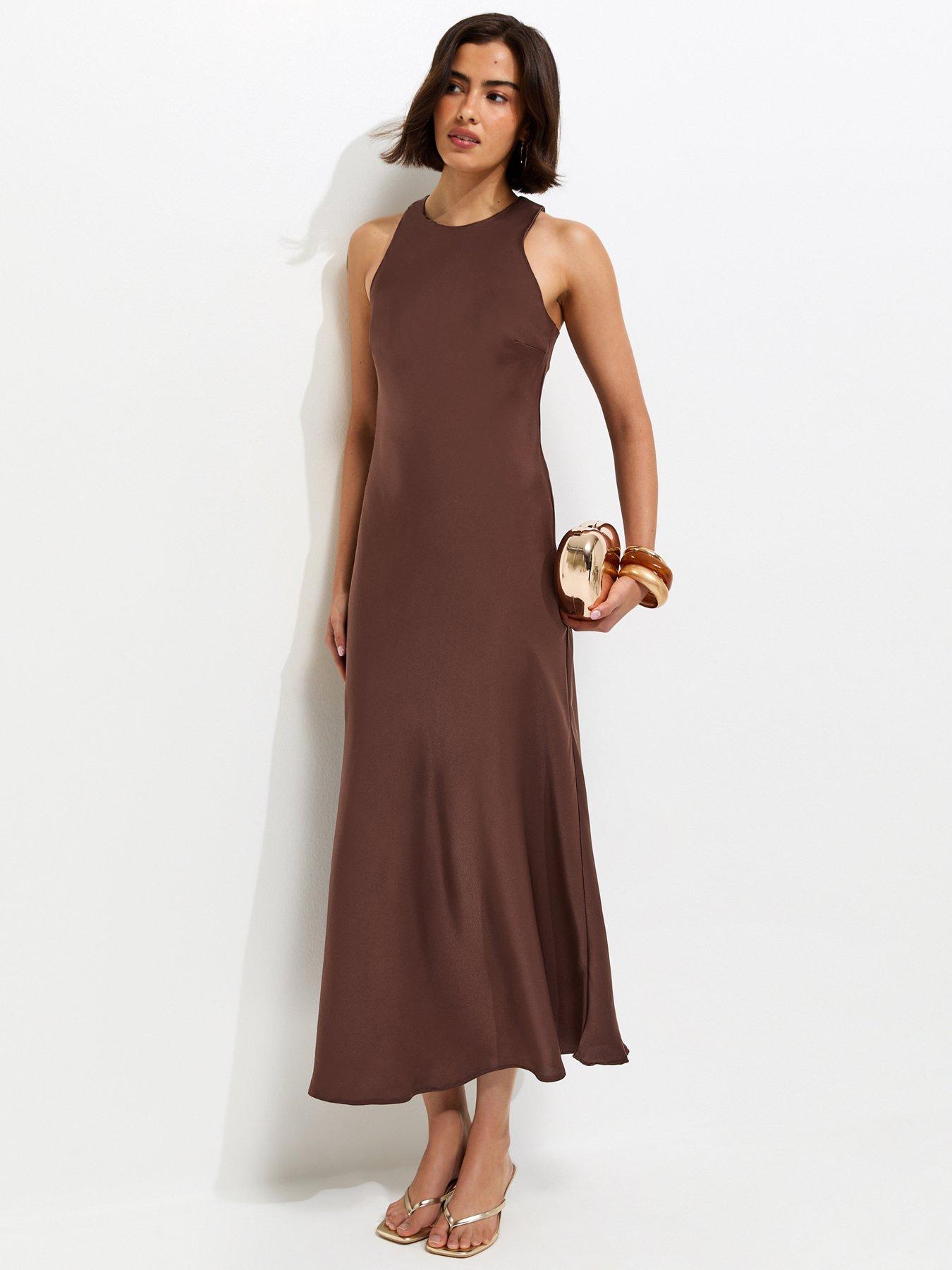 New Look Satin High Neck Maxi Dress - Dark Brown