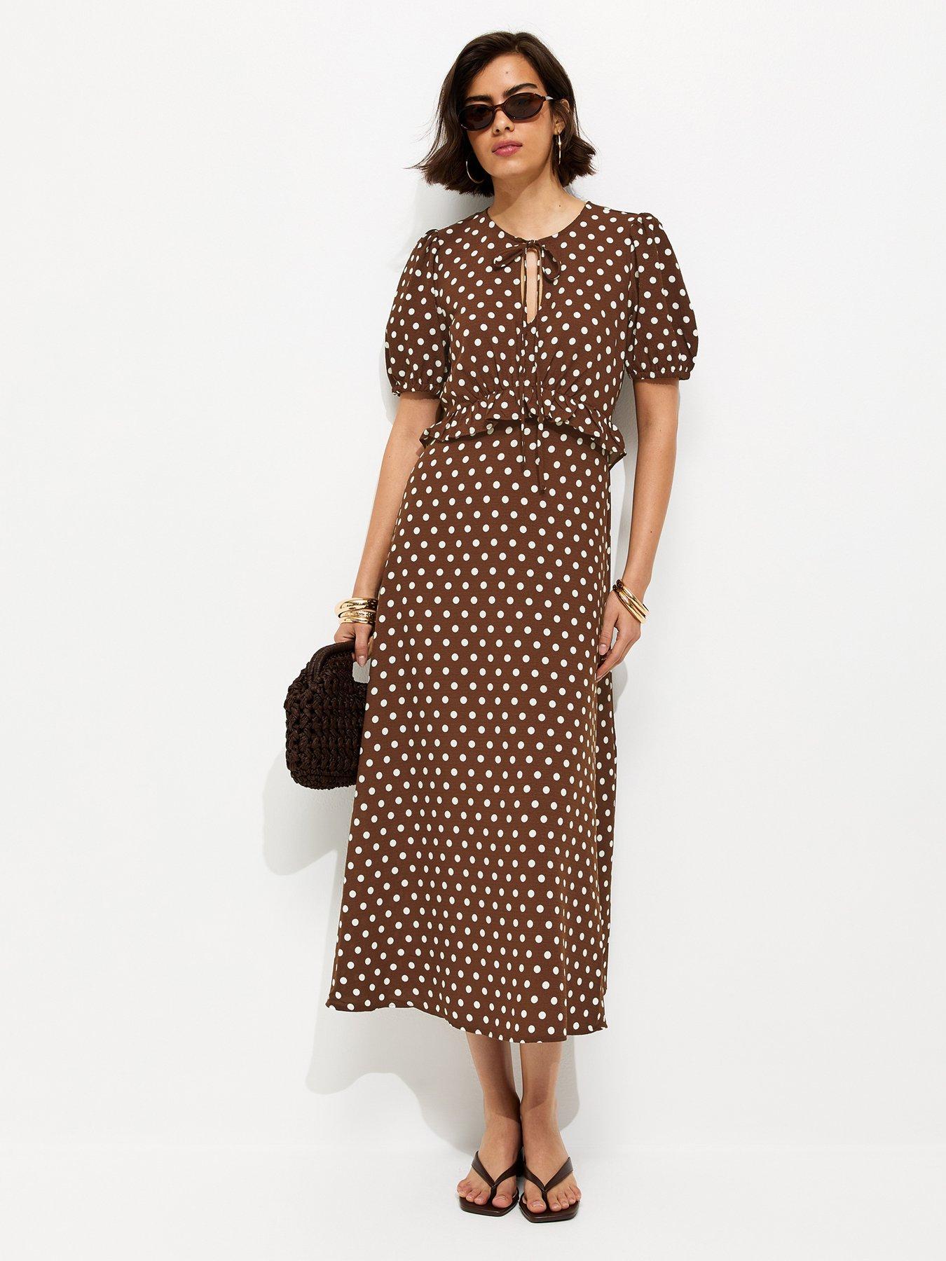 New Look Polka Dot Short Sleeve Keyhole Midi Dress - Brown