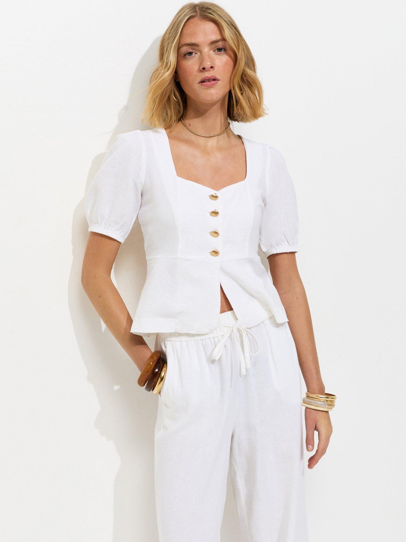 New Look Linen Rich Shell Button Peplum Top - White