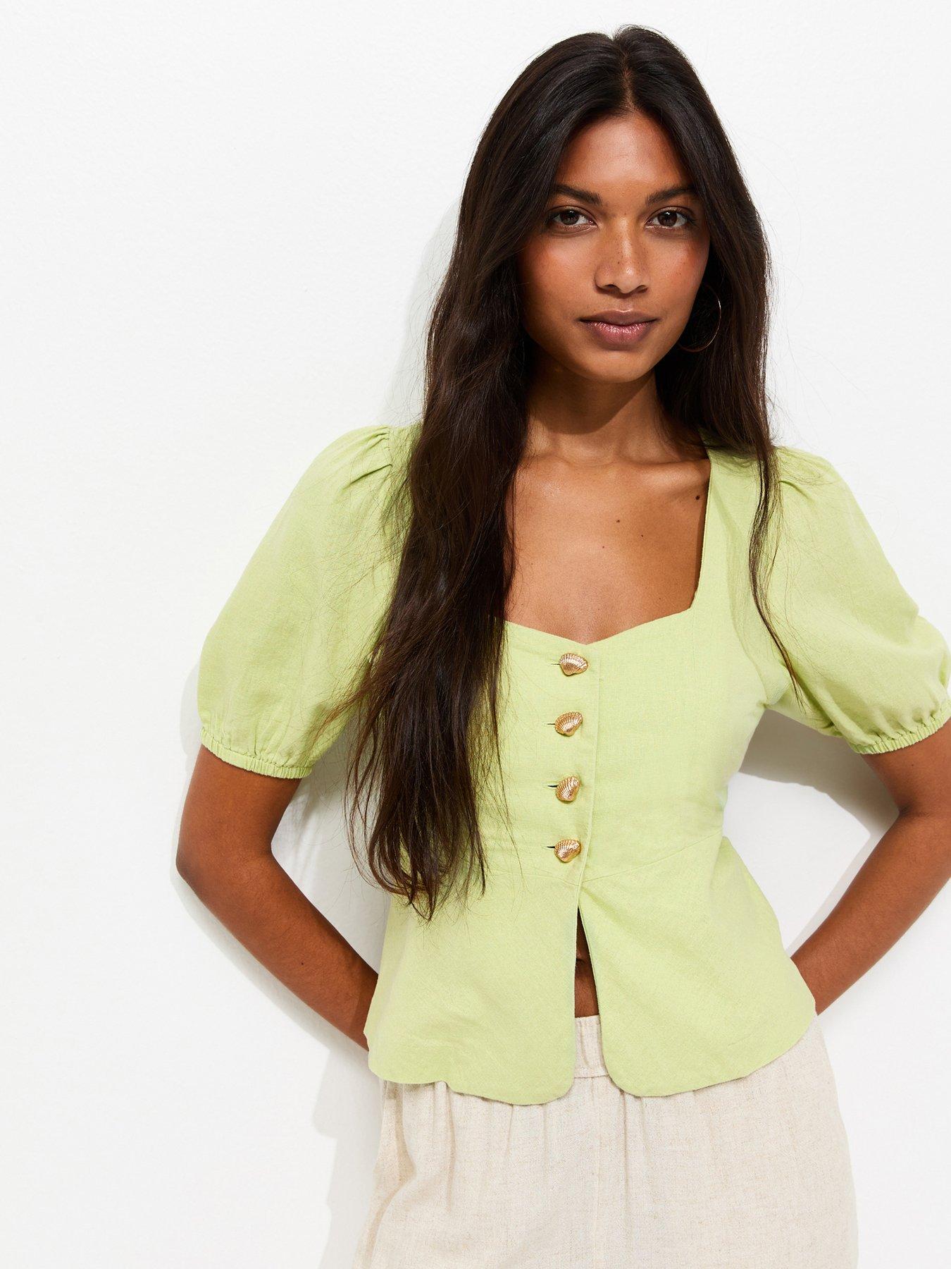 New Look Linen Rich Shell Button Peplum Top - Light Green