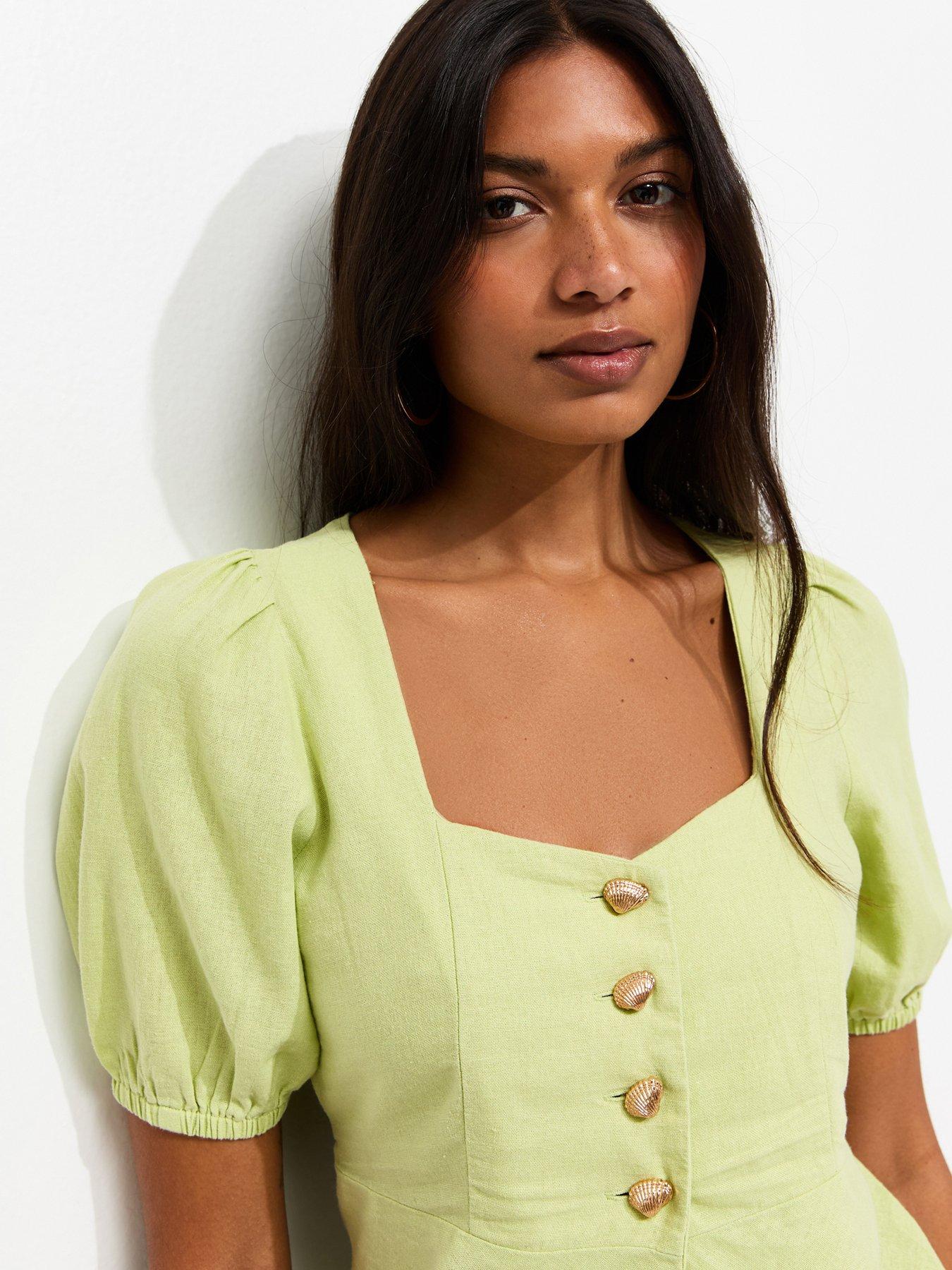 Image 4 of 5 of New Look Linen Rich Shell Button Peplum Top - Light Green