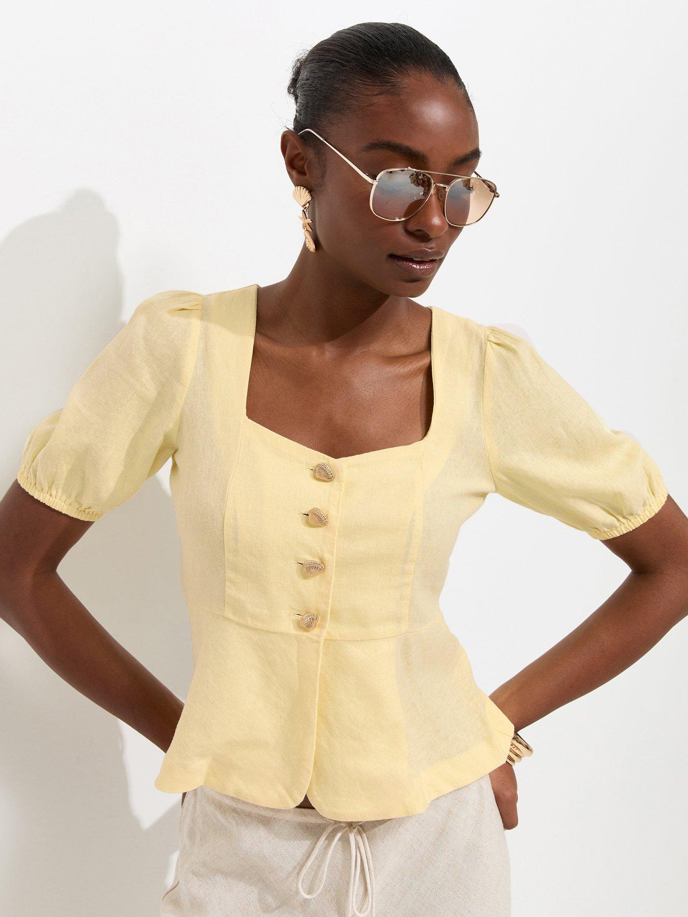 New Look Linen Rich Shell Button Peplum Top - Yellow