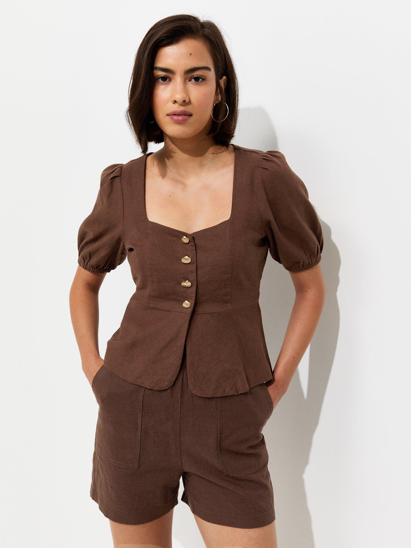 New Look Linen Rich Shell Button Peplum Top - Dark Brown