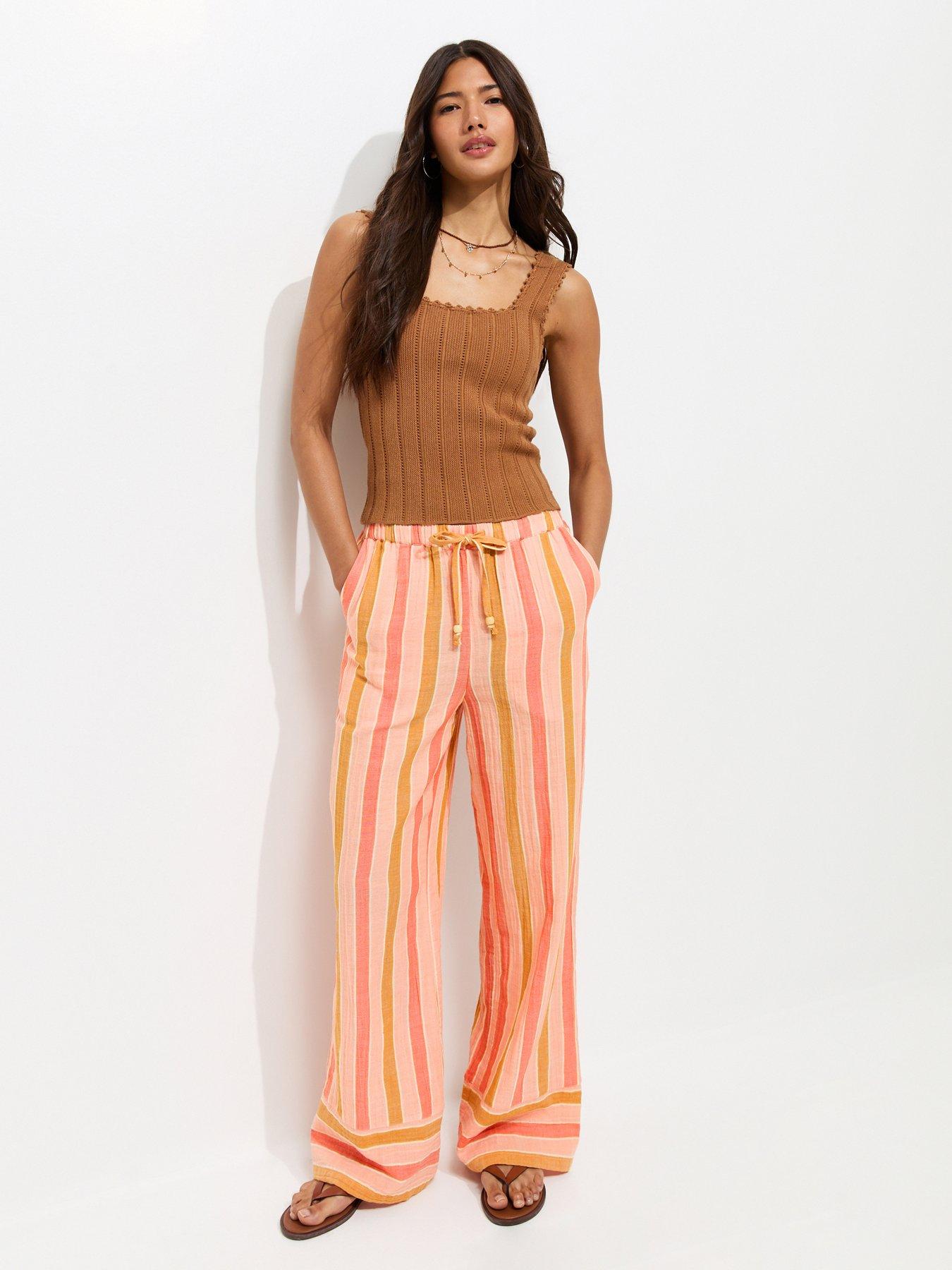 Image 1 of 3 of New Look Cotton Striped Wide Leg Trousers - Pink