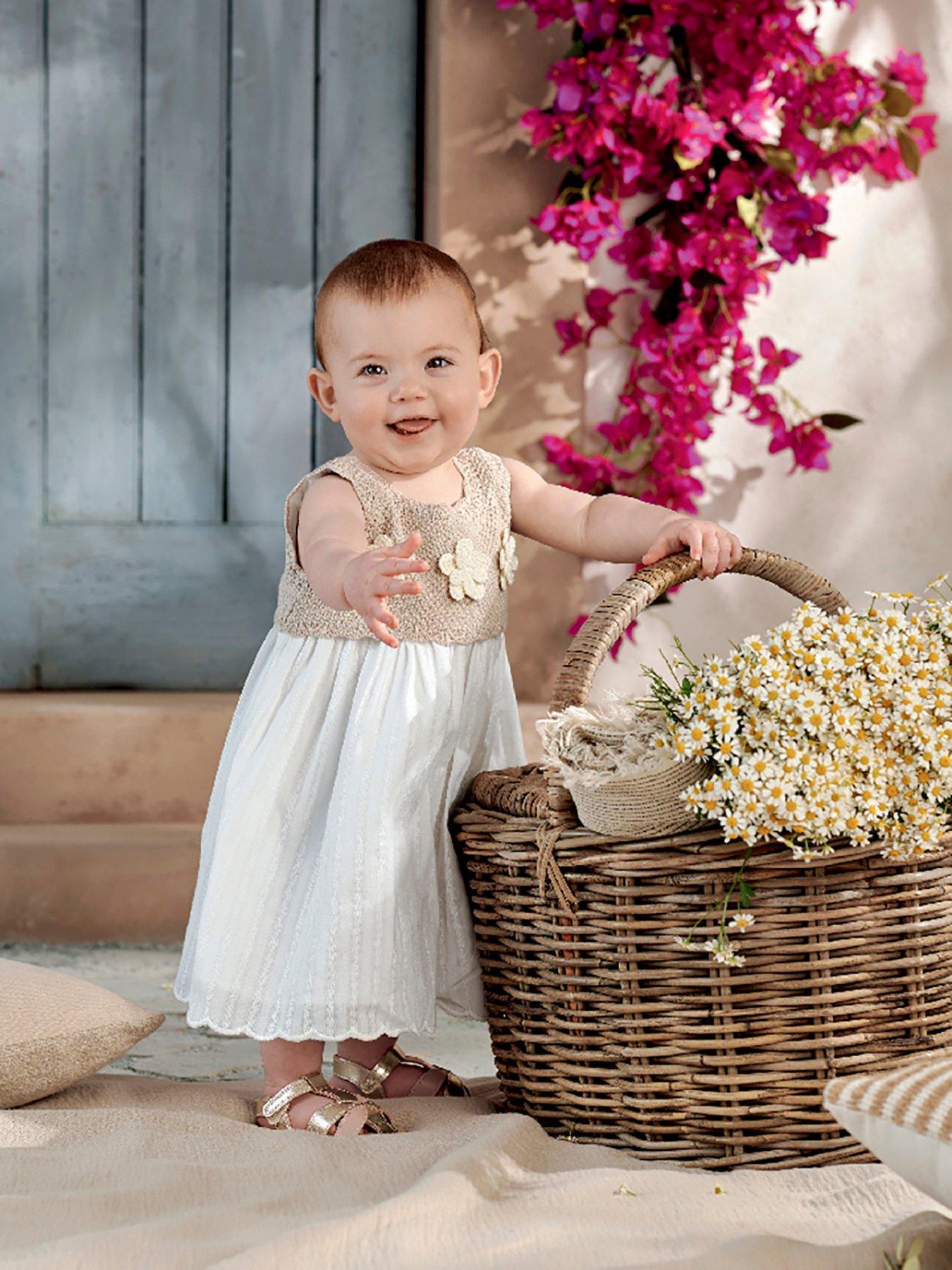 Mamas & Papas Baby Girls Crochet Woven Mix Dress - Beige