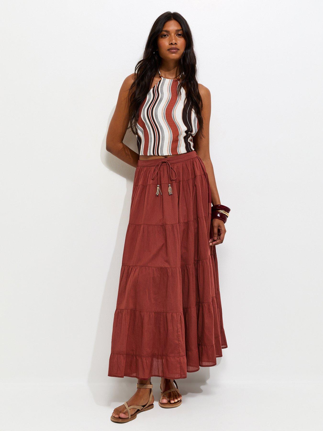 New Look Cotton Tiered Maxi Skirt - Rust