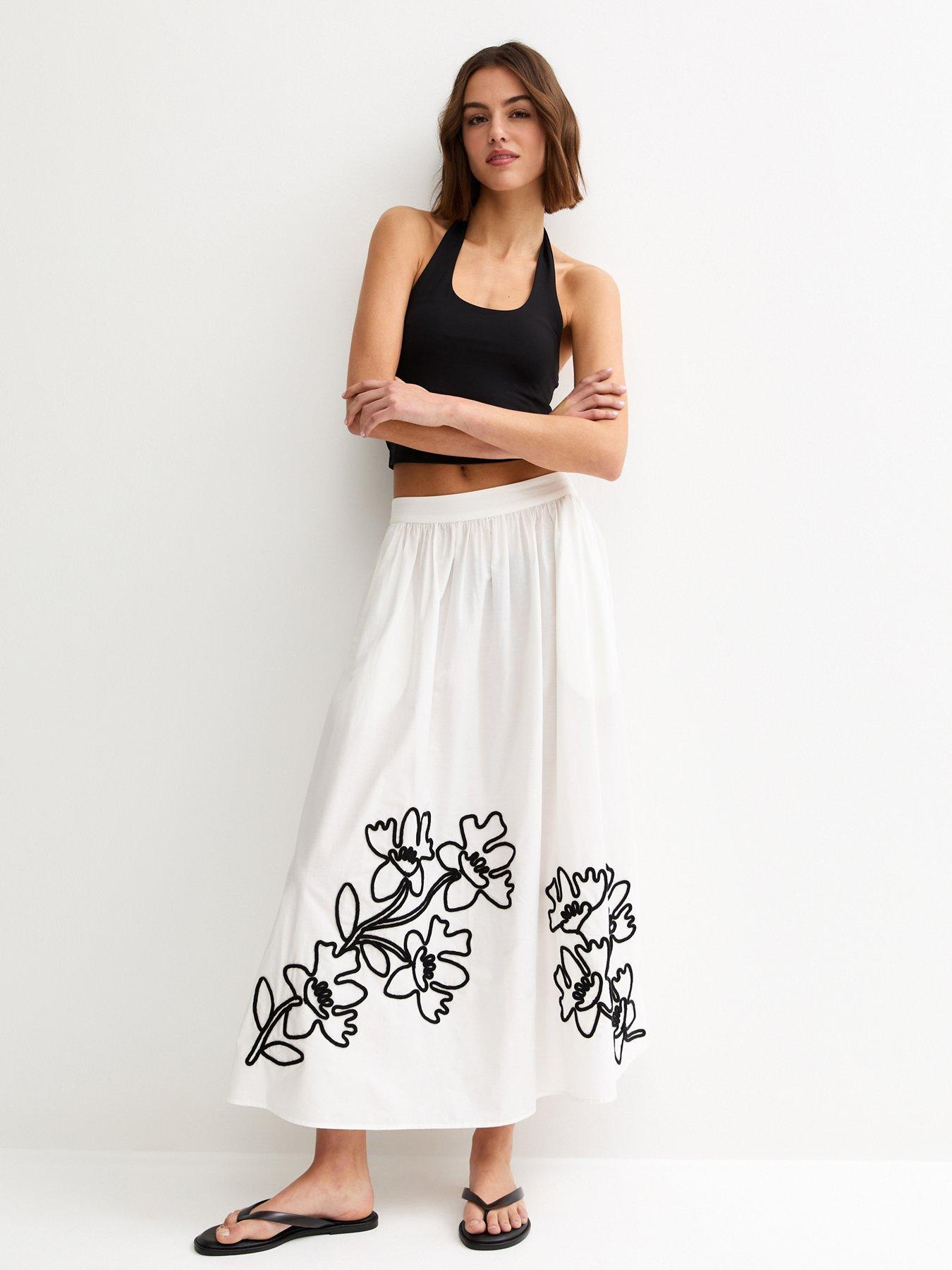 Image 1 of 5 of New Look Flower Embroidered Midi Skirt - Cream