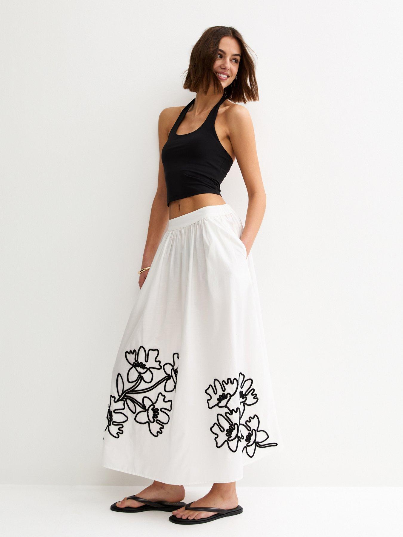 Image 3 of 5 of New Look Flower Embroidered Midi Skirt - Cream