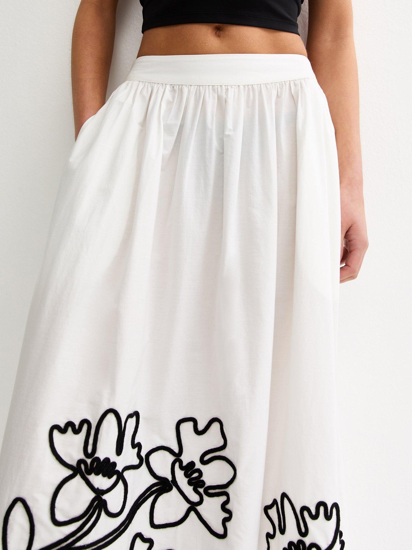 Image 4 of 5 of New Look Flower Embroidered Midi Skirt - Cream