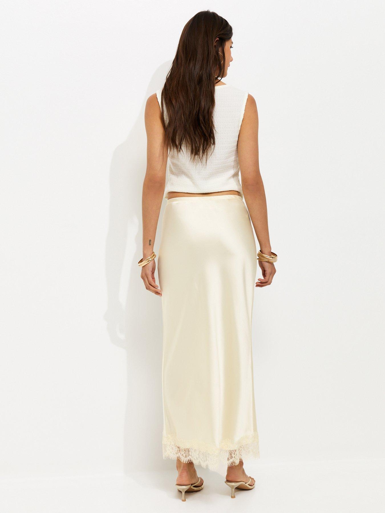 Image 2 of 5 of New Look Satin Lace Hem Midi Skirt - Cream