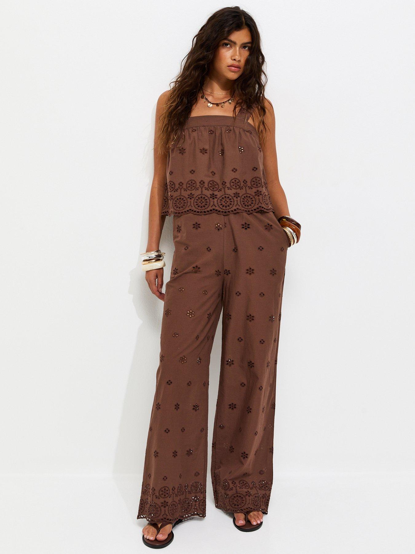New Look Cotton Broderie Wide Leg Co-Ord Trousers - Brown