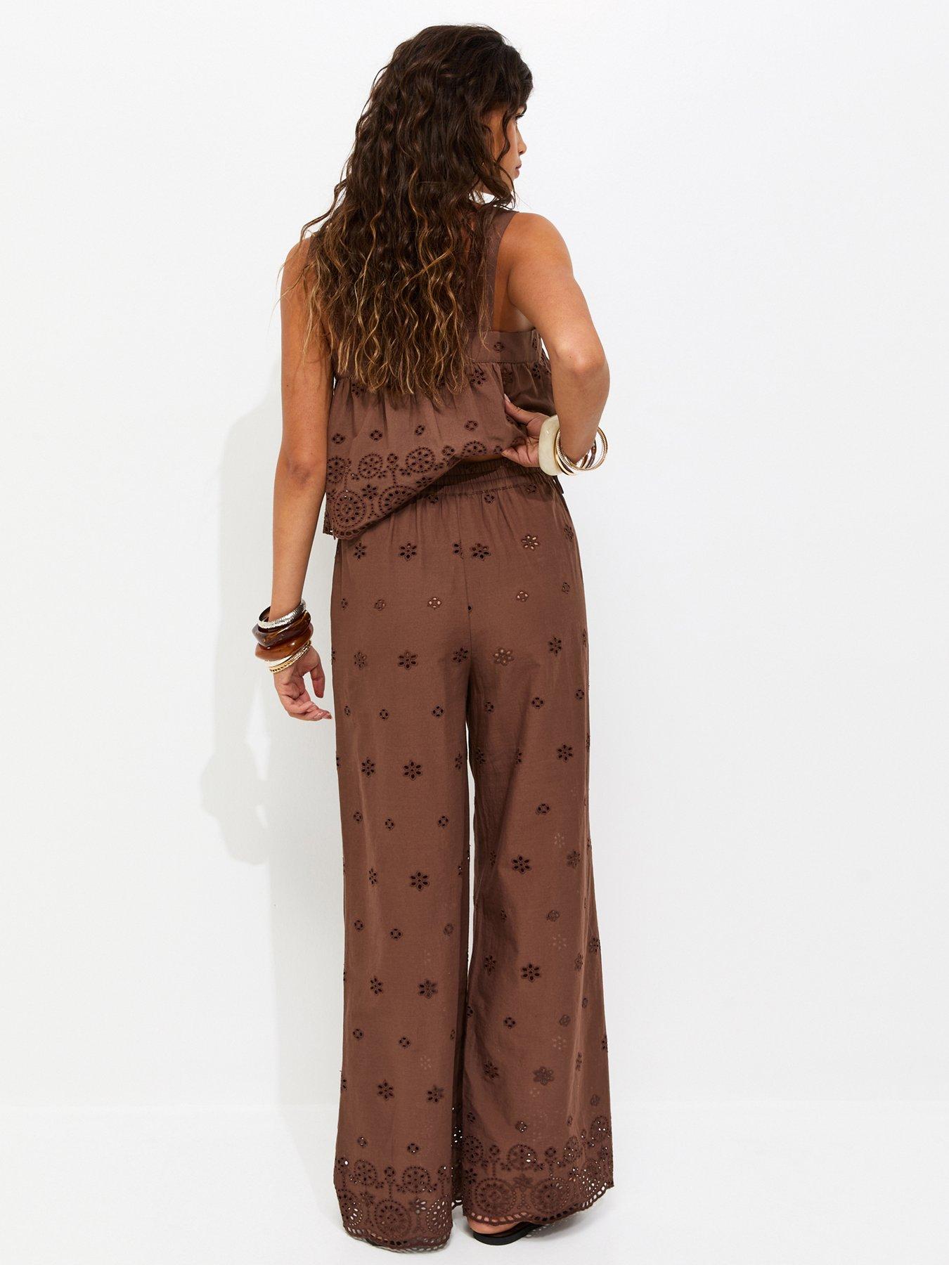 Image 2 of 5 of New Look Cotton Broderie Wide Leg Co-Ord Trousers - Brown