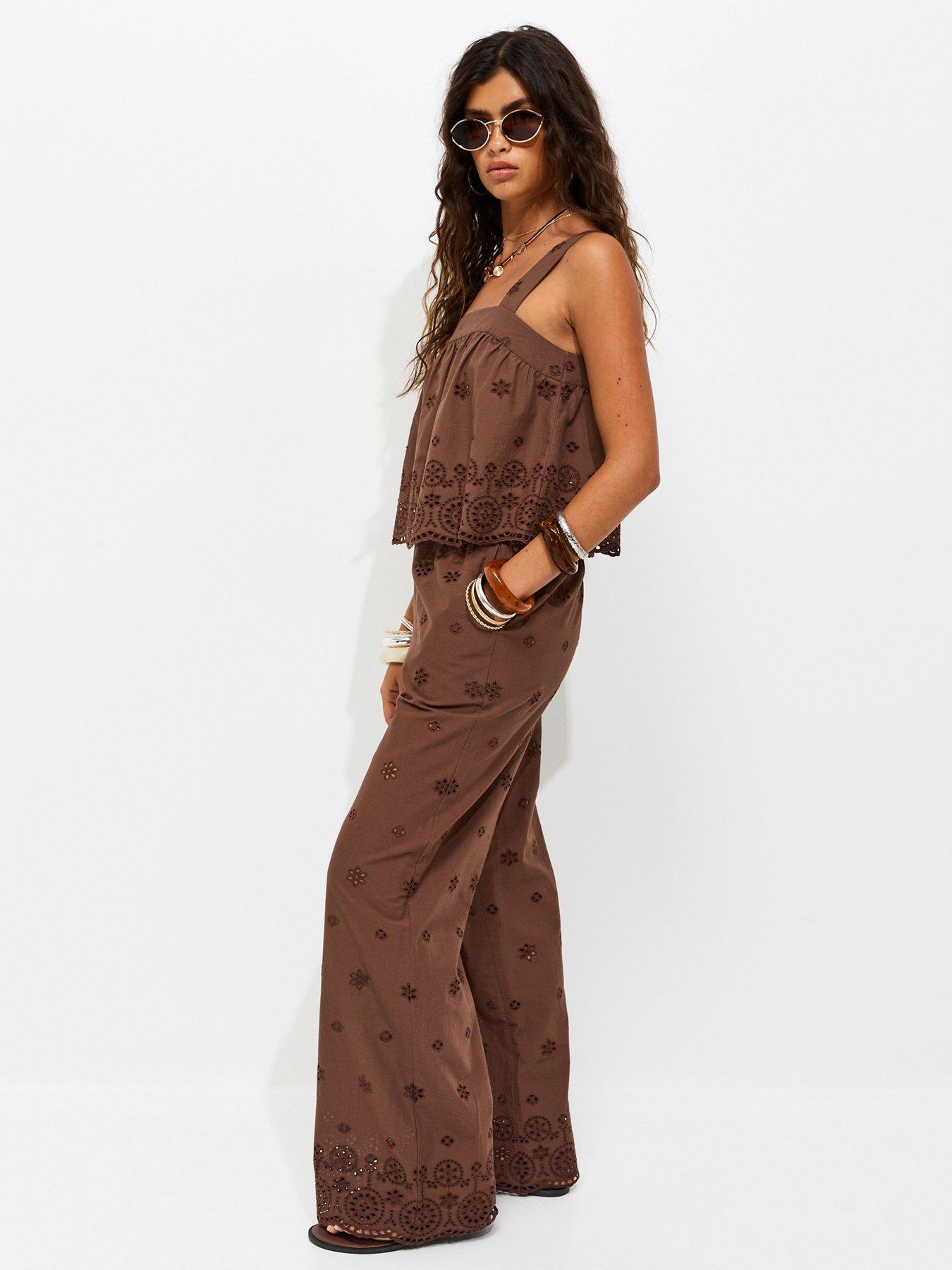 Image 3 of 5 of New Look Cotton Broderie Wide Leg Co-Ord Trousers - Brown